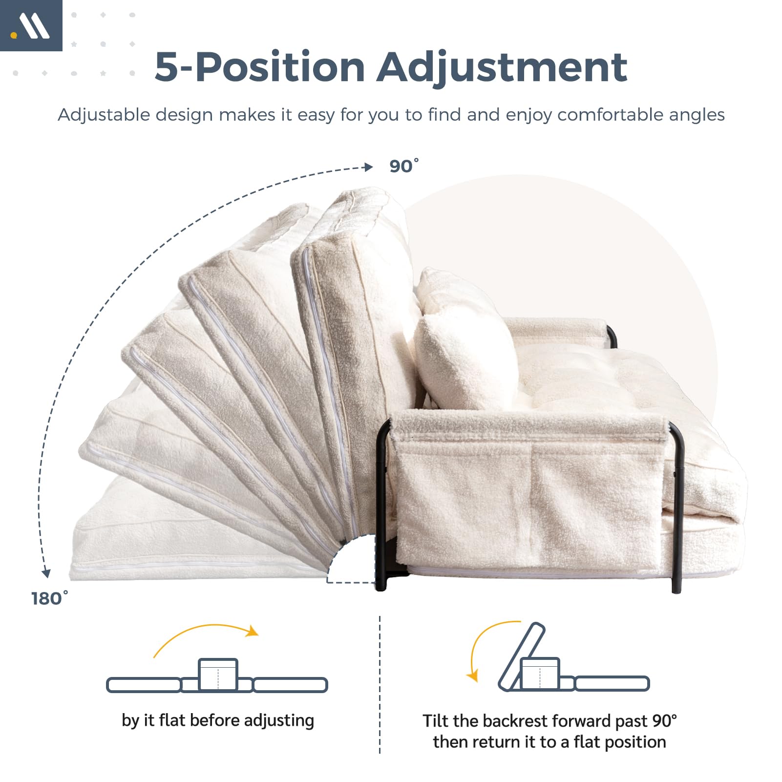 MAXYOYO Adjustable Floor Sofa Couch with 2 Pillows - Boucle Convertible Lazy Sofa Sleeper Bed with Armrest - Double Size Beige Fabric - Perfect for Small Spaces, Living Rooms & Guest Beds