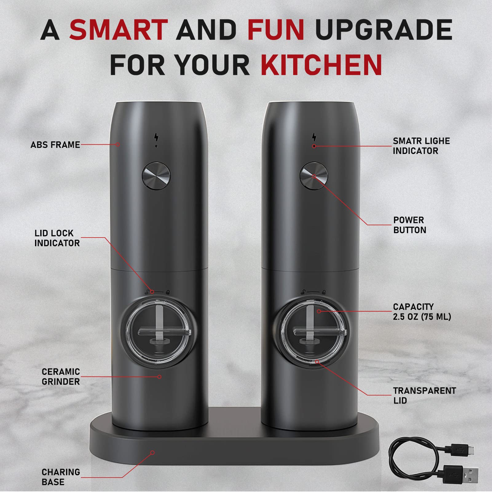 Premium Electric Salt and Pepper Grinder Set - USB Rechargeable Automatic Mill with Adjustable Coarseness & One-Hand Operation | Ceramic Burr Refillable Spice Grinder with LED Light & Charging Base | Perfect for Kitchen, Dining Table & Outdoor BBQ