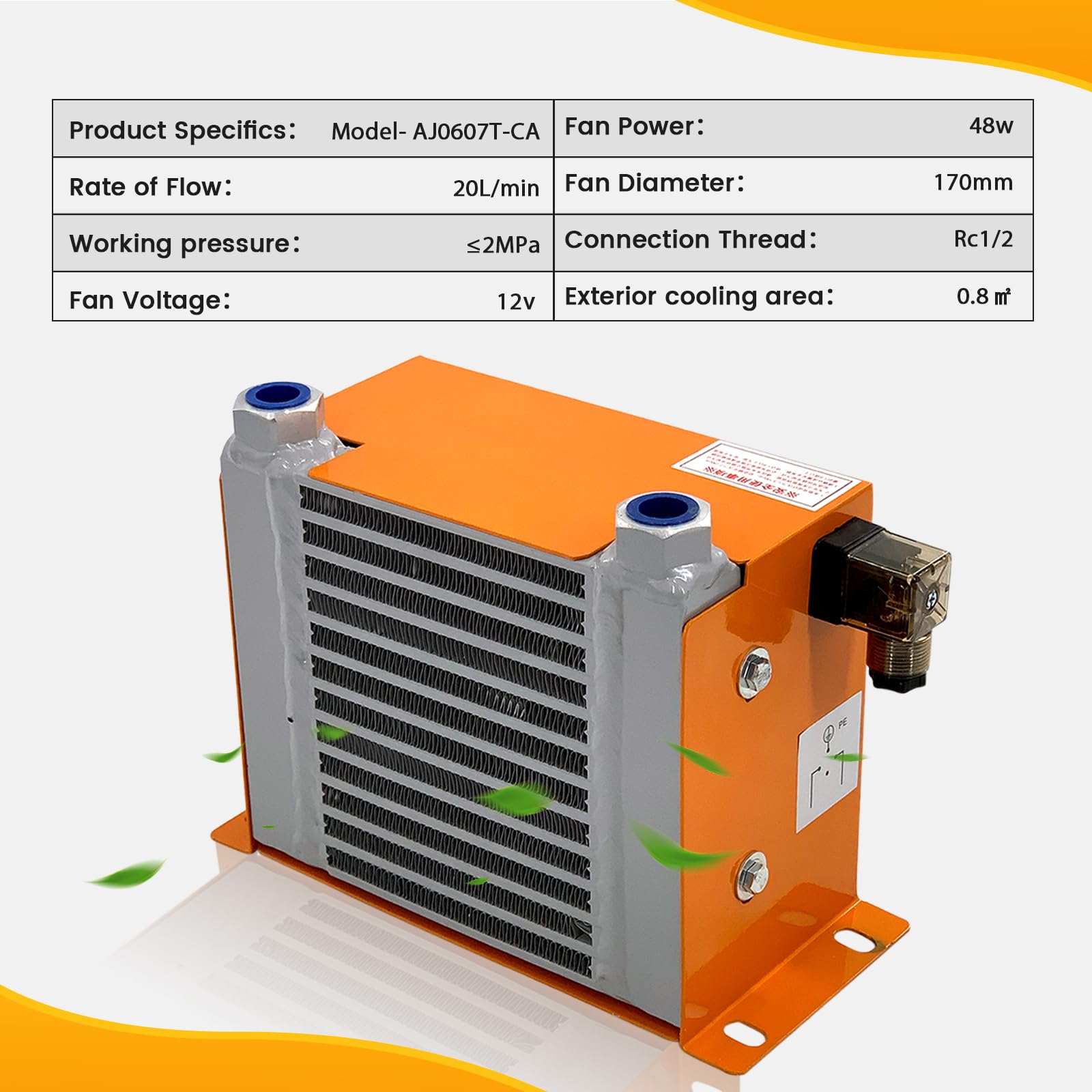 Hydraulic Air Cooler AJ0607T-CA - 12V DC 48W Air-Cooled Oil Radiator with 20L/min Flow Rate for Industrial Machinery & Automotive Cooling Systems