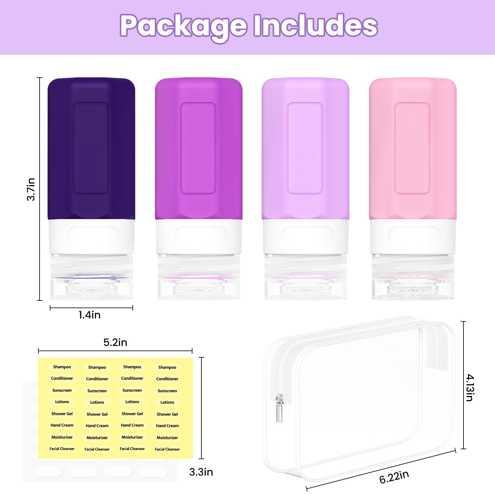 TSA Approved 2oz Leak Proof Silicone Travel Bottles for Shampoo, Conditioner & Lotion - Refillable Squeezable Toiletry Containers for Air Travel, Gym & Vacation Essentials