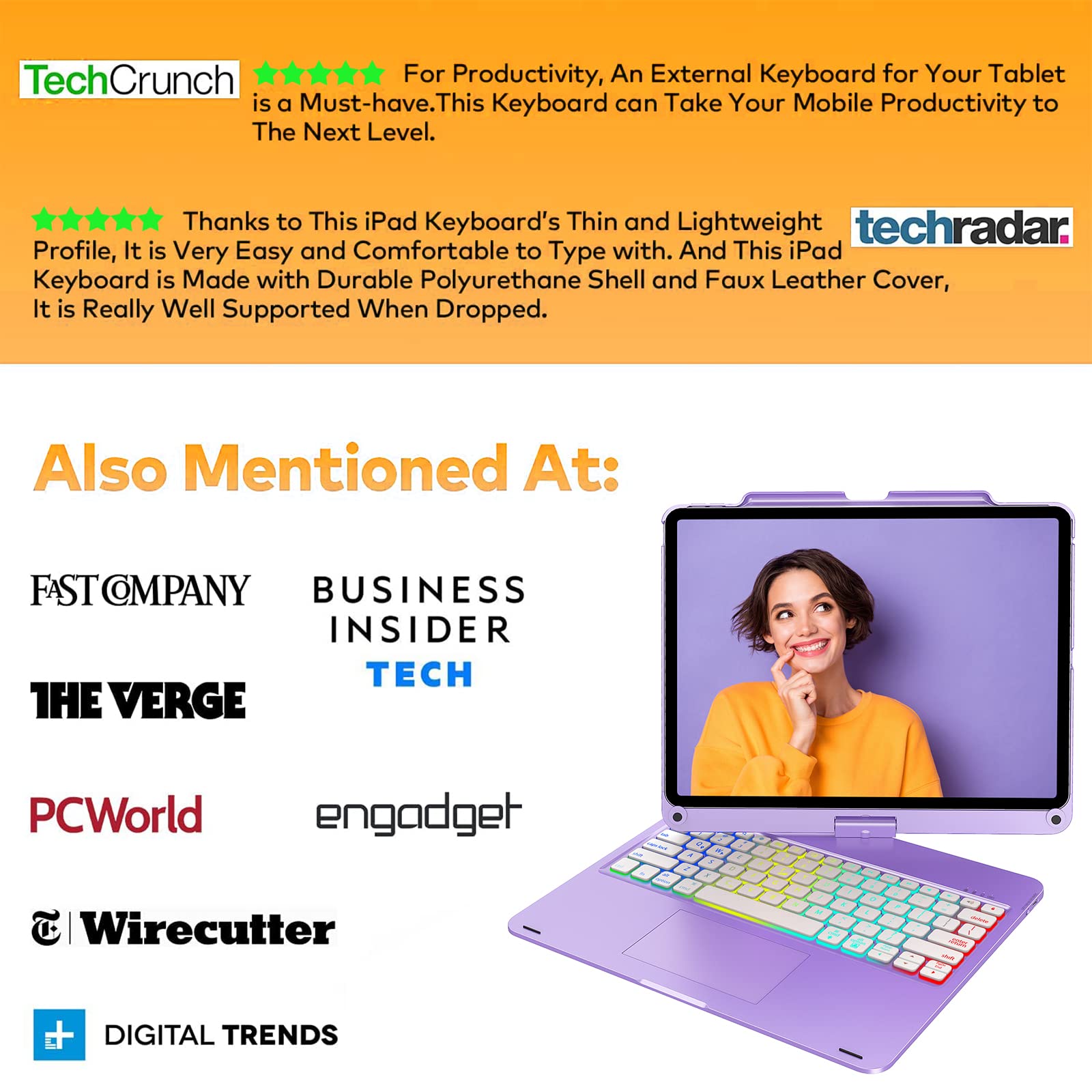 iPad Pro 12.9 Inch 6th/5th/4th/3rd Gen Keyboard Case with Rainbow Backlight - 7 Adjustable Modes, Wireless Multi-Touch Trackpad, 360° Rotatable Stand, Pencil Holder & Large Battery - Ultra Thin Lightweight Protective Cover for Work, Study & Travel