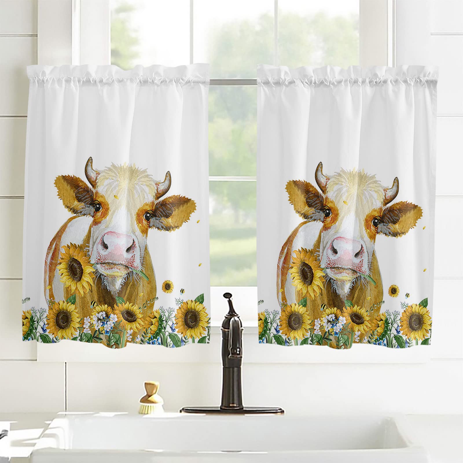 Farmhouse Animal Cow & Sunflower Kitchen Curtains - 54 Inch Length, White Short Cafe Tier Drapes with Rod Pocket - Set of 2 Panels (84x54 Inches) - Perfect for Farmhouse, Country Kitchen & Spring Home Decor