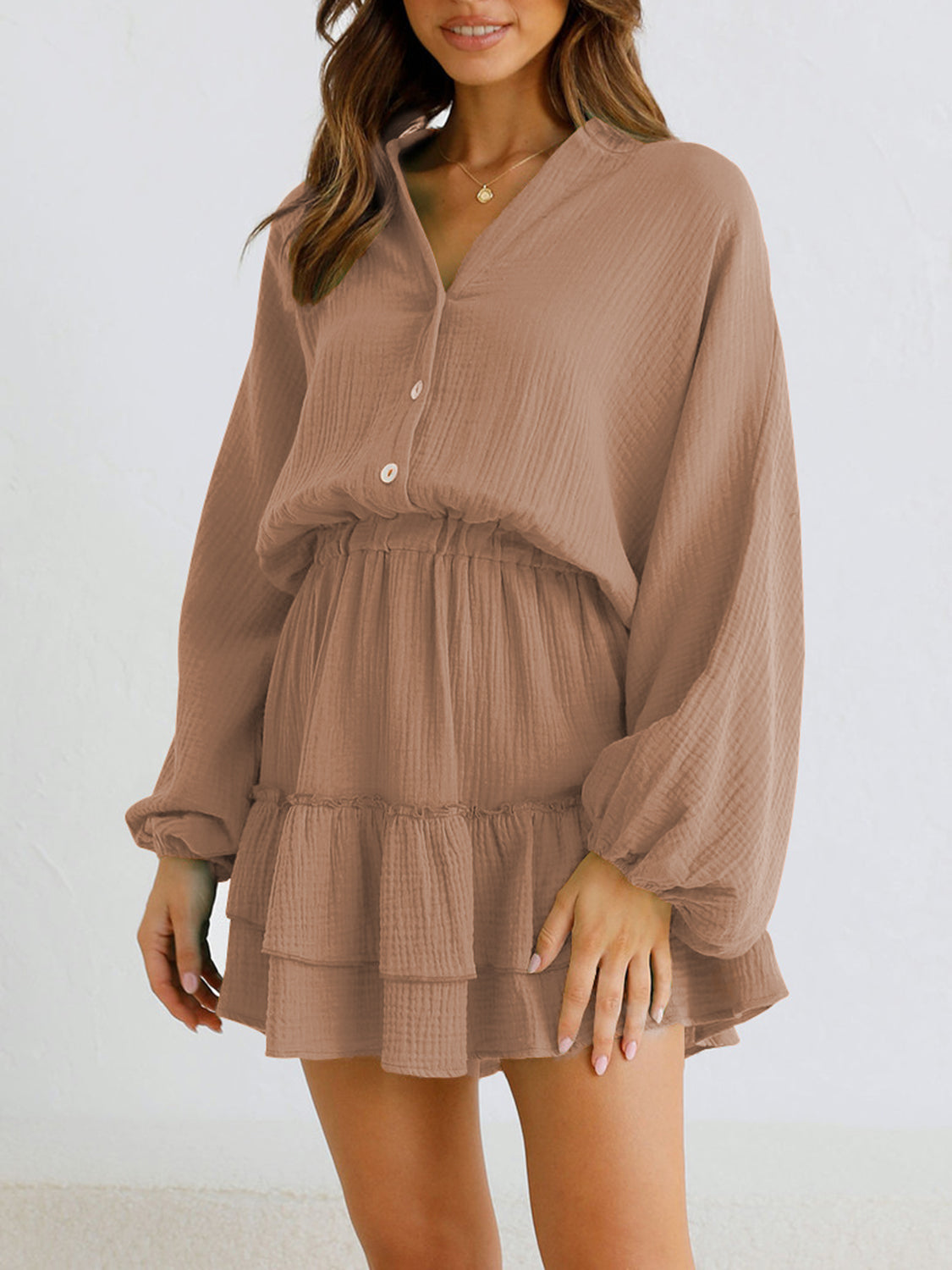 Elegant Ruffled Notched Balloon Sleeve Mini Dress for Women | Flirty Party & Cocktail Outfit | Perfect for Date Night, Club Wear & Special Occasions
