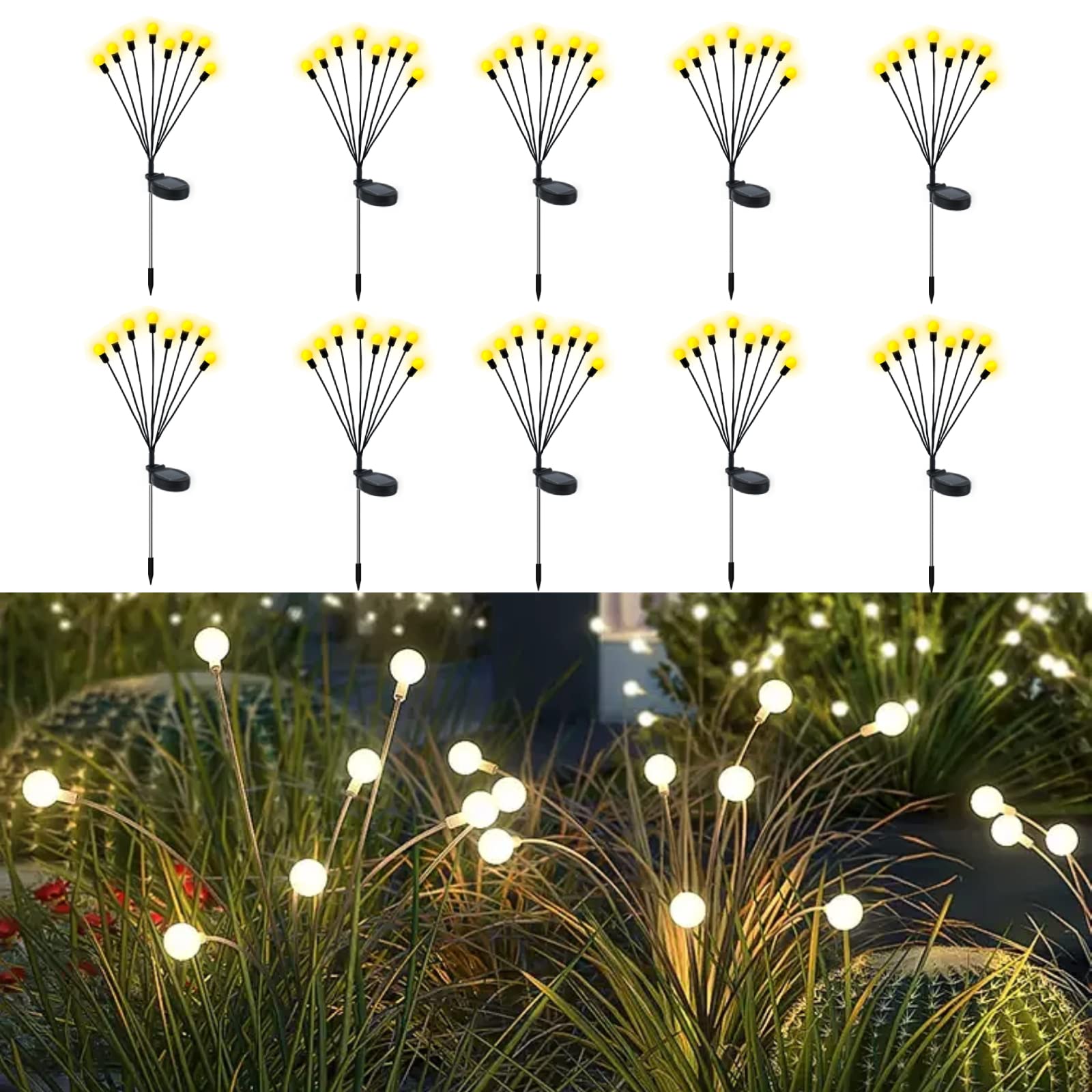 80 LED Solar Firefly Lights Outdoor Waterproof - Warm White Solar Powered Garden Lights for Yard, Patio, Pathway Decoration - 10PCS - Perfect for Backyard, Wedding, Party & Landscape Lighting
