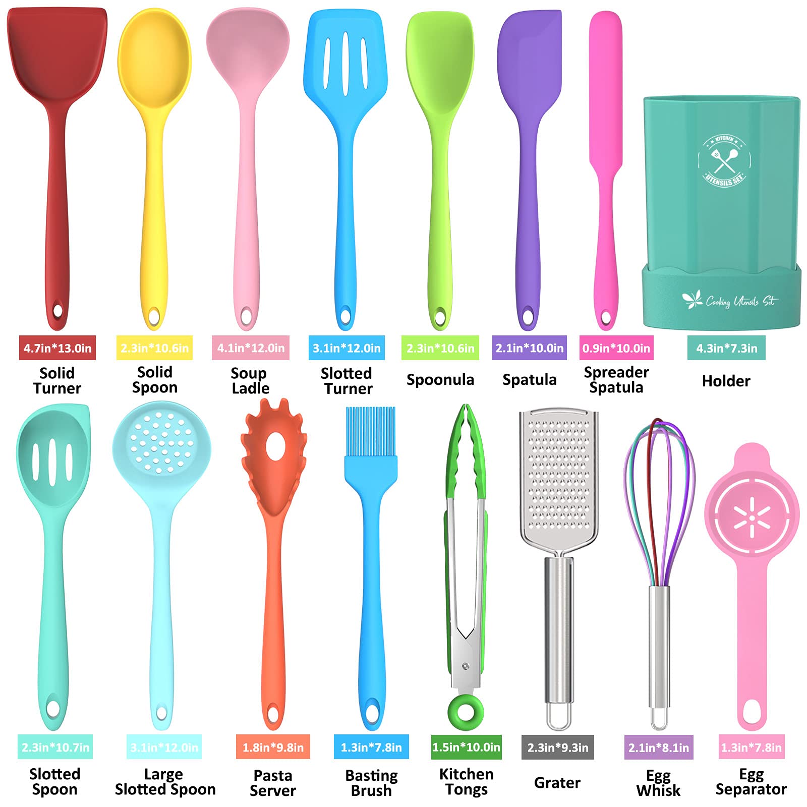 16-Piece Silicone Kitchen Utensils Set - Heat Resistant Nonstick Cooking Tools with Holder - Spatula, Spoon & More for Baking, Frying & Everyday Cooking - Colorful Kitchen Gadgets by Deedro - Perfect for Home Chefs & Baking Enthusiasts
