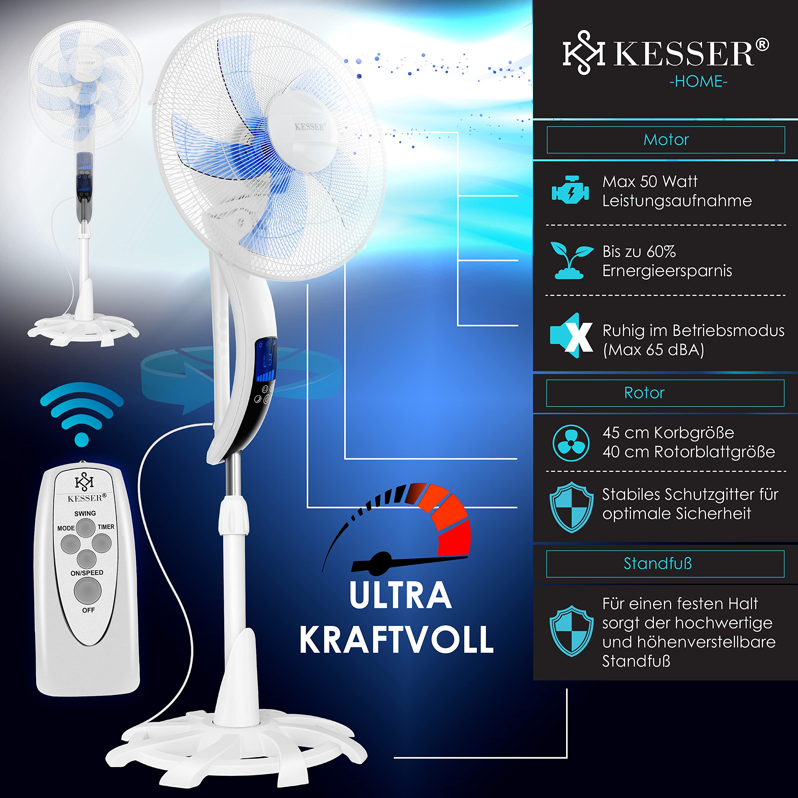 KESSER® 50W Remote Control Floor Fan with Timer, 3 Speed Levels, 80° Oscillation, Height & Tilt Adjustable Stand - Perfect for Home, Office & Bedroom Cooling