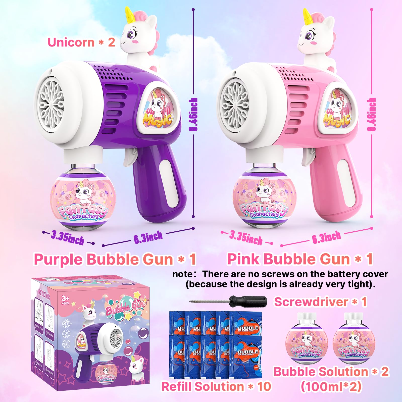 LED Unicorn Bubble Blaster Gun for Kids - 2 Pack with 2 Bottles & 10 Bags Refill Solution, Light Up Bubble Machine Toy for Toddlers Boys Girls - Perfect Birthday Gift, Children's Day & Party Favors | Outdoor Play, Backyard Fun, Birthday Parties & Summer Activities