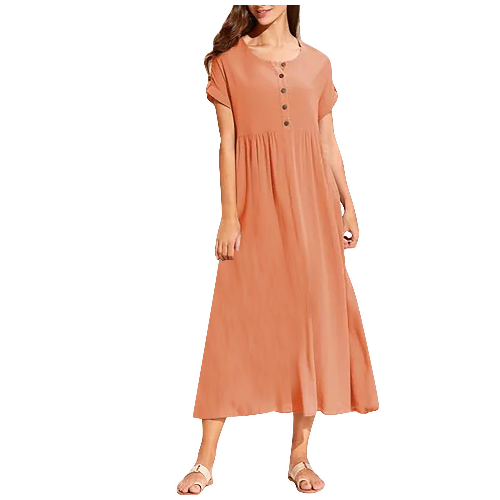 Plus Size Women's Short Sleeve Button Down Summer Dress - Solid Blue Pullover Tunic with Oneck Neckline | Casual Wear, Beach Coverup, Office Outfit, Date Night Dress