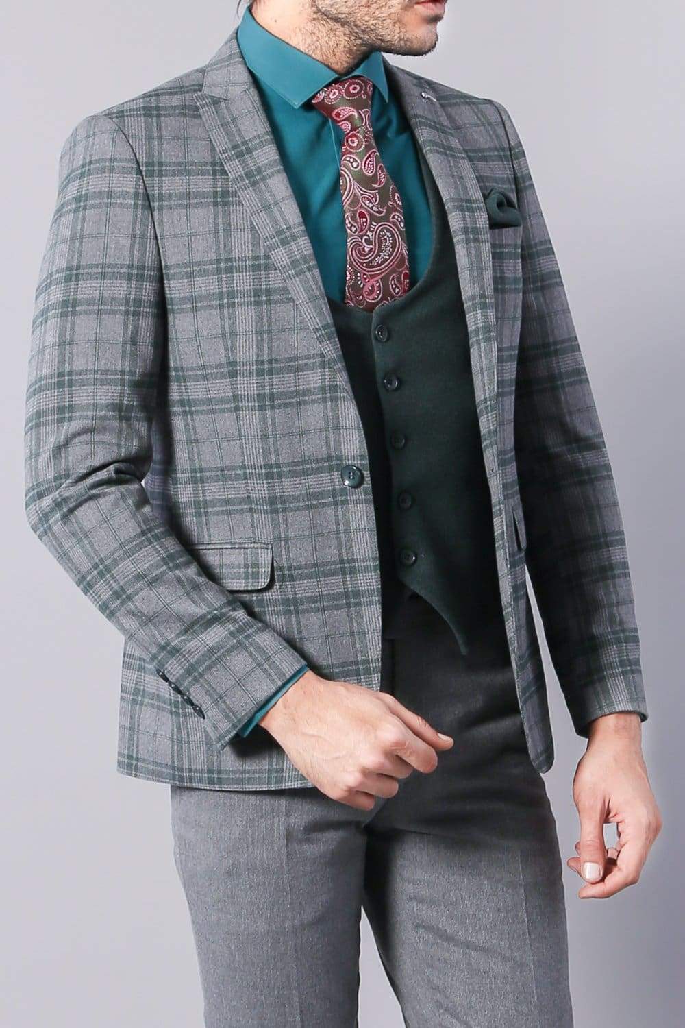 Dex Men's 3-Piece Slim Fit Suit - Sage Tweed Check Pattern Formal Wear for Weddings, Business Meetings & Special Occasions