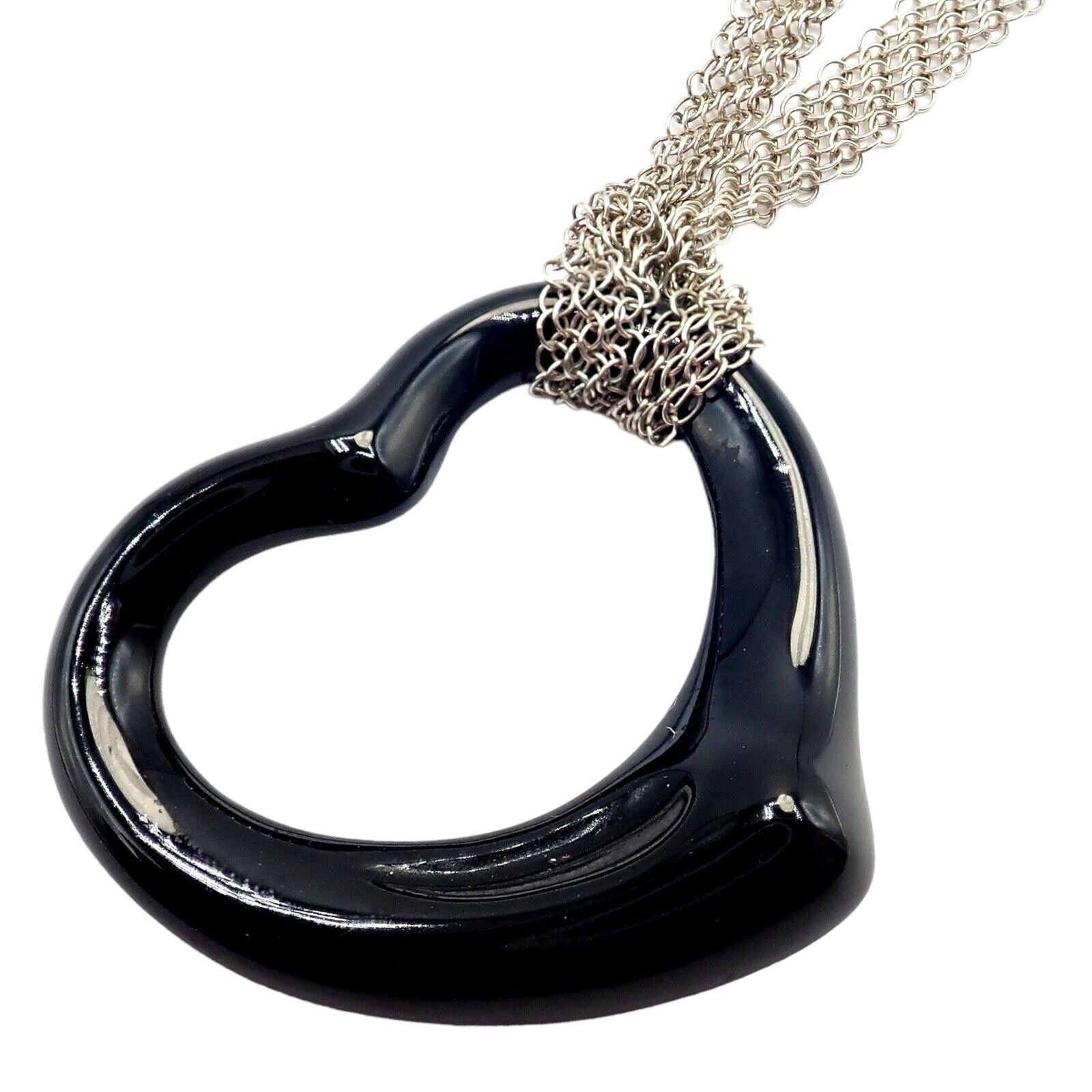 Tiffany & Co Sterling Silver Peretti 35mm Large Open Onyx Heart Pendant Necklace - 28