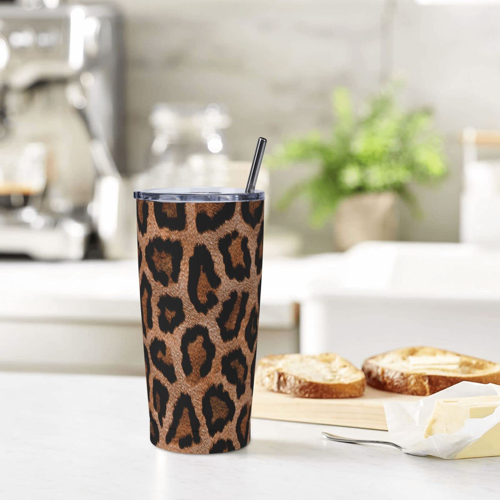 Cheetah Print Stainless Steel Slim Tumbler 20oz - Double Wall Insulated Travel Mug with Leakproof Lid, Straw & Cleaning Brush - Perfect for Coffee, Tea & Cold Drinks at Home, Office or Outdoor Adventures