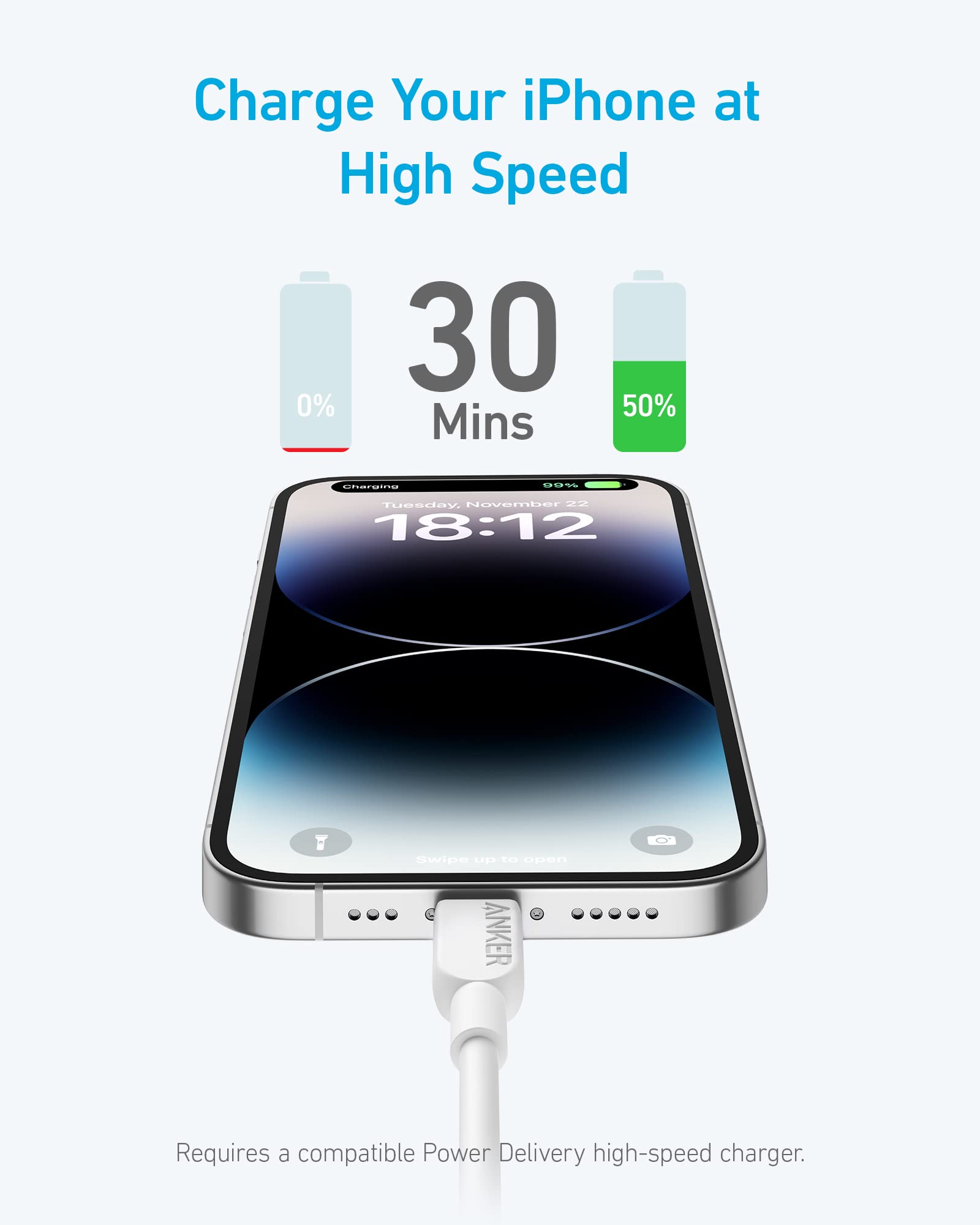 Anker USB C to Lightning Cable 6FT MFi Certified Fast Charging Cord for iPhone 14/13/12/11/X/8 & More - White (Charger Not Included) | Perfect for Home, Office & Travel Charging