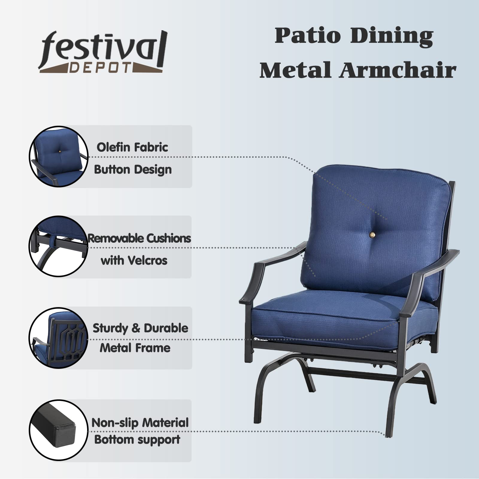 Festival Depot Patio Bistro Dining Chairs Set of 2 - Outdoor Steel Frame Armchairs with Armrest, Back & Seat Cushions (Blue) - Perfect for Garden, Poolside, Deck & Restaurant Outdoor Seating