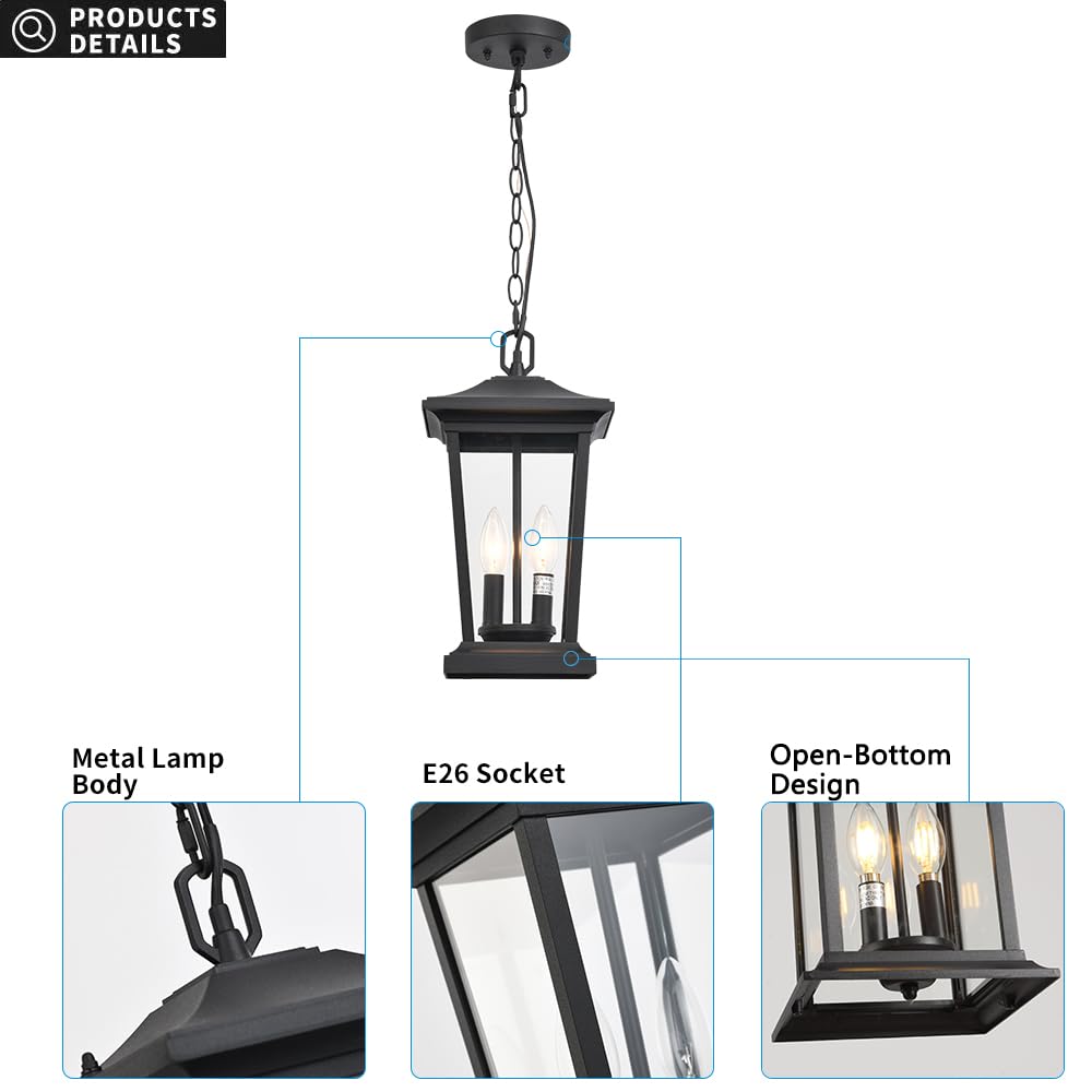 Modern Matte Black Outdoor Pendant Light - 2-Light Exterior Hanging Lantern with Clear Glass for Porch, Patio & Garden Lighting | Weather-Resistant & Stylish Design