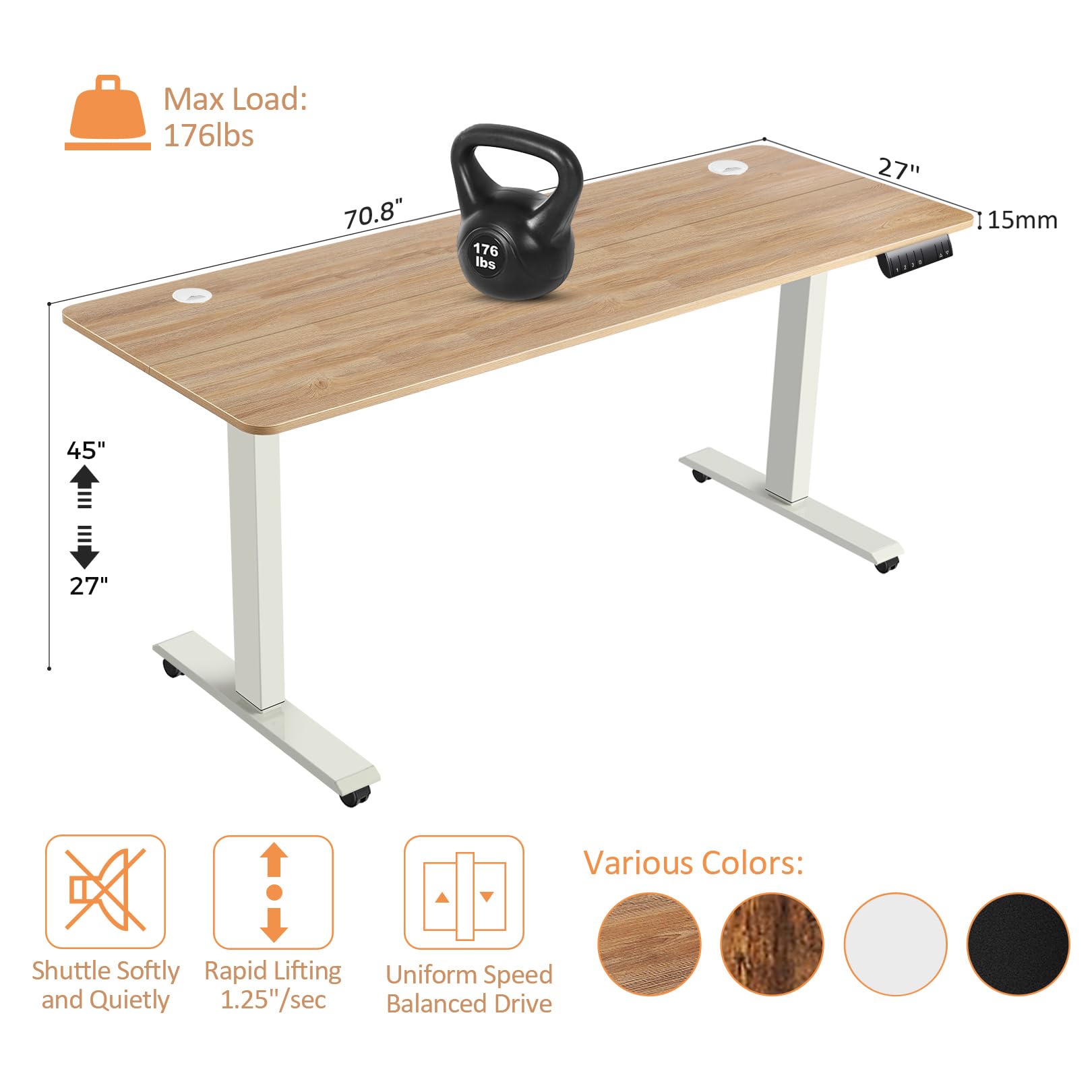 Adjustable Height Electric Standing Desk 70 x 27 Inches - Sit Stand Home Office Desk with Memory Preset & Wheels, Rustic Oak Finish for Computer Workstation - Perfect for Remote Work, Gaming & Ergonomic Workspace Setup