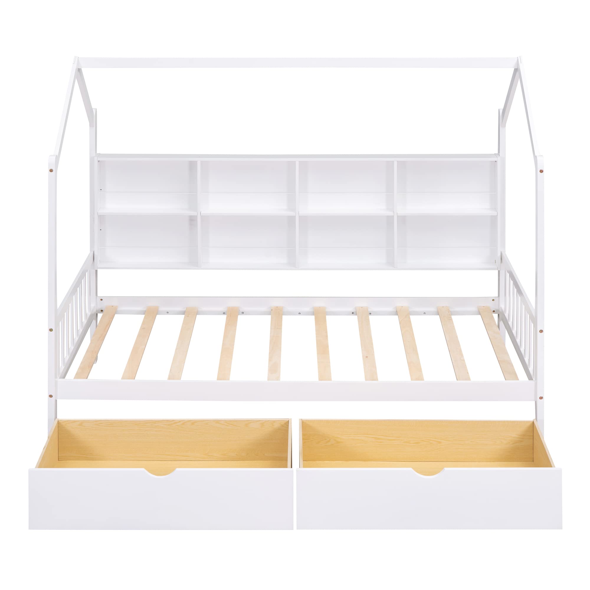 Harper & Bright Designs Solid Wood Montessori Twin House Bed for Kids - Playhouse Bed Frame with Storage Drawers & Shelves, Tent Bed for Boys Girls Teens - Perfect for Bedroom, Playroom & Montessori Learning Spaces (White)