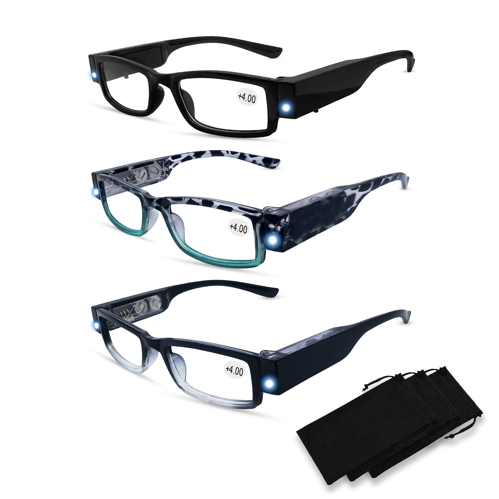 3 Pack LED Reading Glasses with Built-in Lights - Bright Magnifying Eyewear for Men & Women - Perfect for Night Reading, Crafts & Low Light Conditions