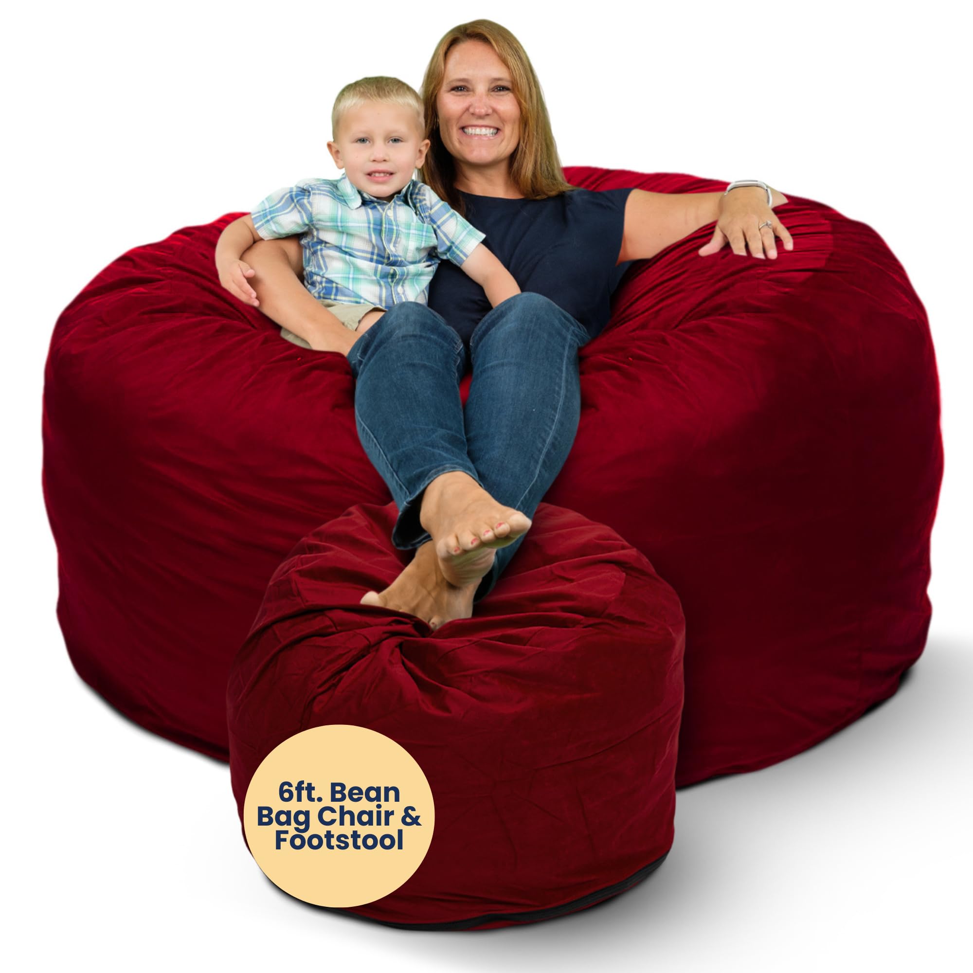 ULTIMATE SACK 6ft Oversized Bean Bag Chair with Footstool - Luxurious Suede Lounger for Adults, Comfy Couch Alternative & Loveseat Furniture (Burgundy) - Perfect for Game Rooms, Dorm Relaxation & Family Movie Nights