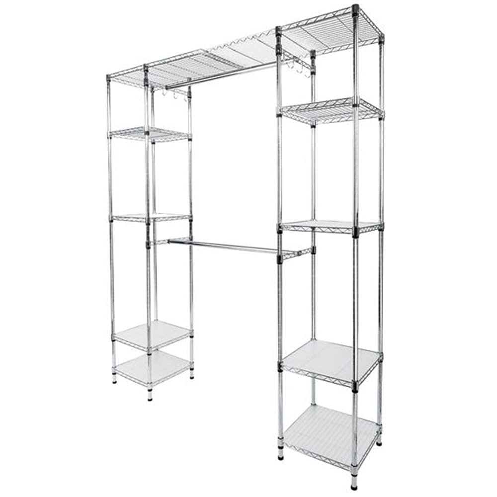 Lonobea Free Standing Closet Organizer - Expandable Metal Wardrobe with Double Rod & Shelves for Hanging Storage | Perfect for Bedroom, Closet & Dorm Organization