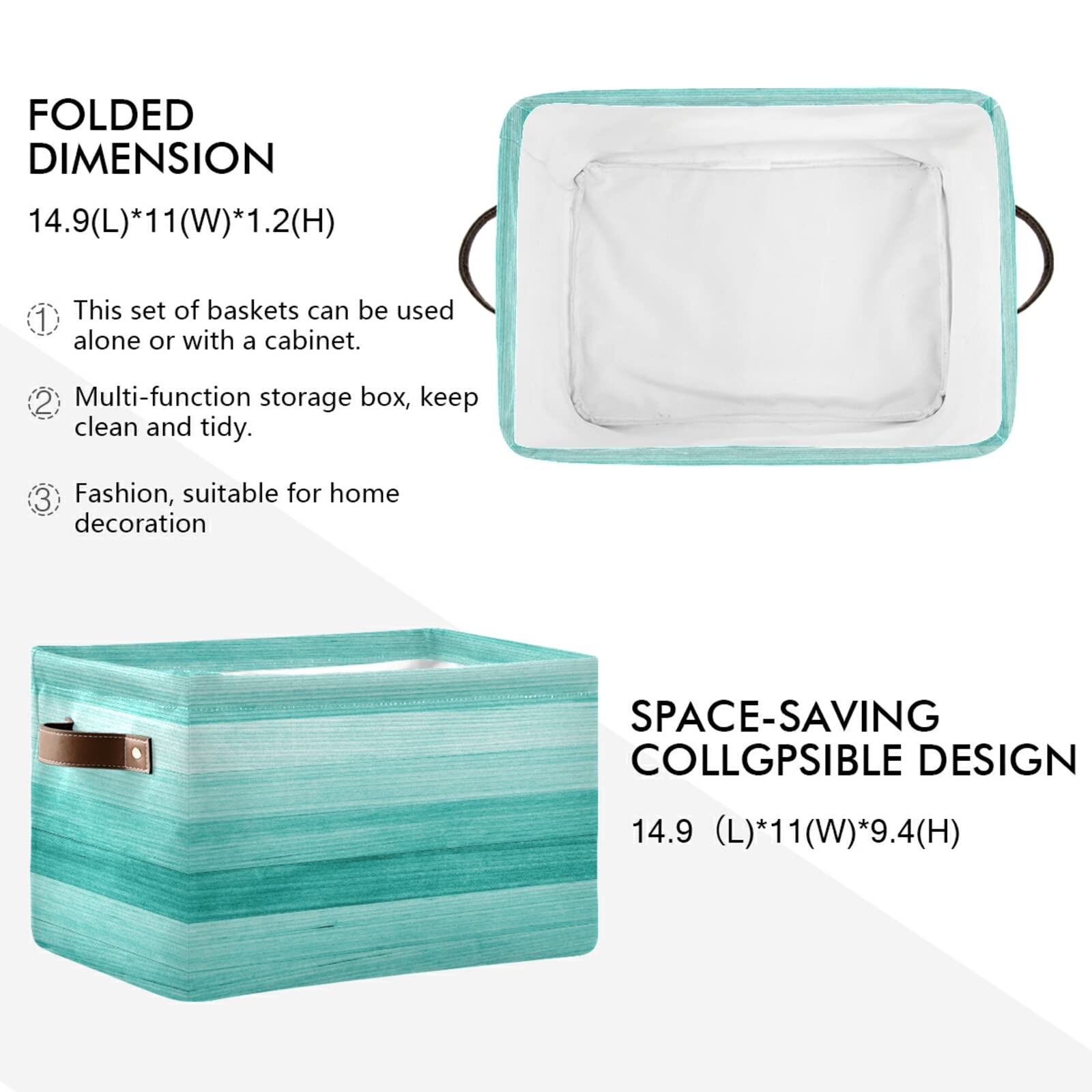 Teal Mint Green Wood Storage Baskets with Handles - Large Collapsible Storage Bins for Shelves, Closet, Bedroom & Living Room (2-Pack) | Perfect for Organizing Toys, Blankets & Home Decor