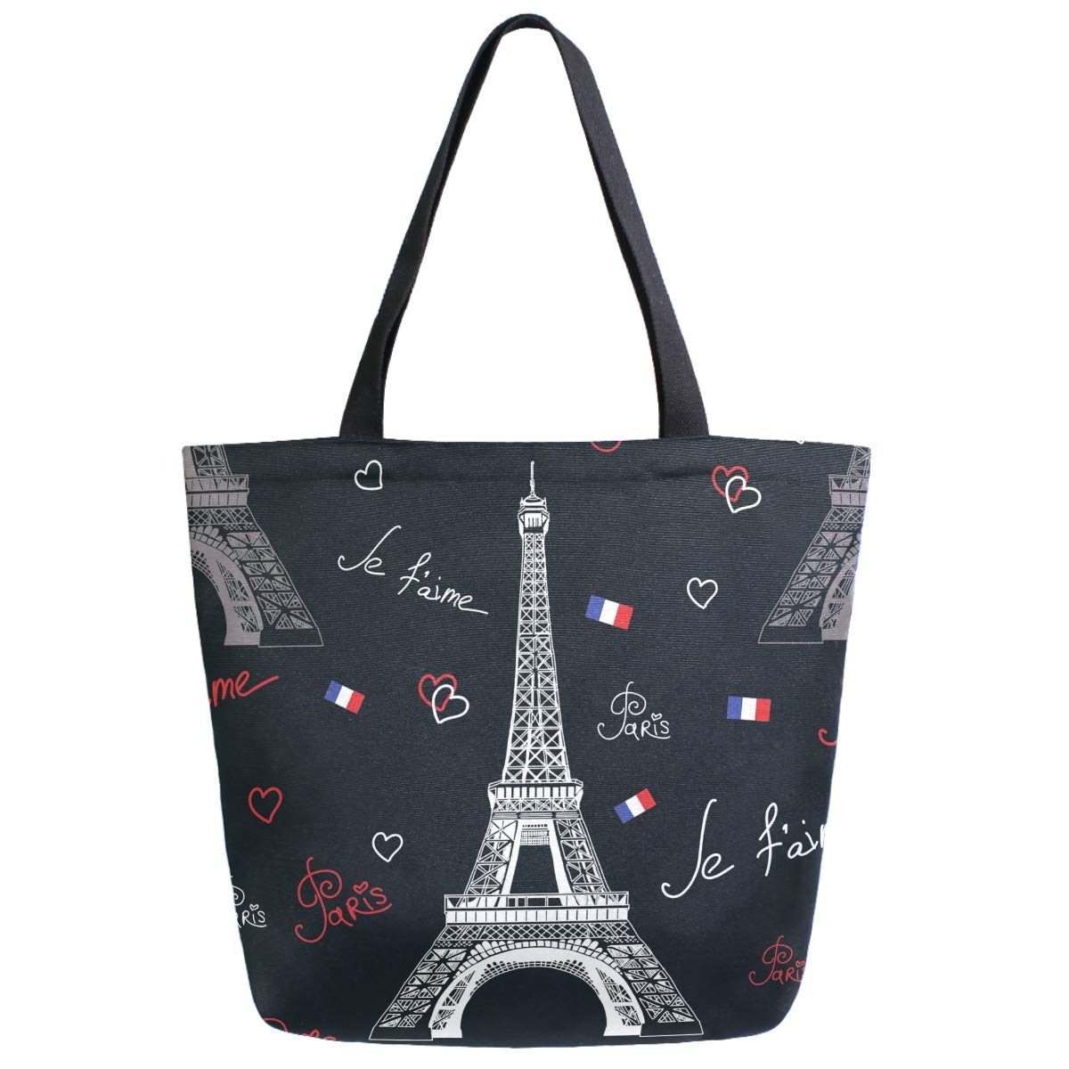 Trendy Paris Eiffel Tower Heart Print Extra Large Canvas Tote Bag - Black Oversized Shoulder Bag for Women, Gym, Beach, Travel & Grocery Shopping | Durable Reusable Weekender Bag with Top Handles