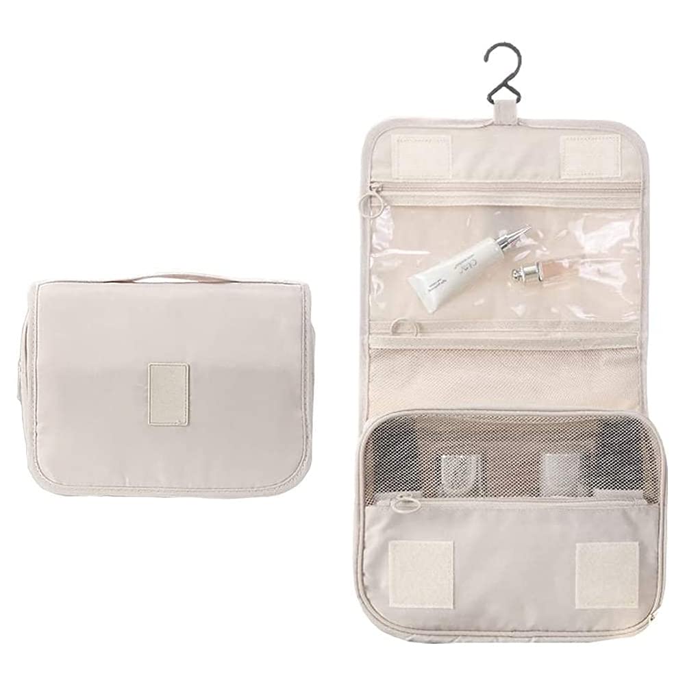 Waterproof Hanging Travel Toiletry Bag for Women - Foldable Cosmetic Organizer with Hanging Hook - Perfect for Business Trips, Vacations & Camping (Beige White) | Ideal for Bathrooms, Hotels & Outdoor Adventures