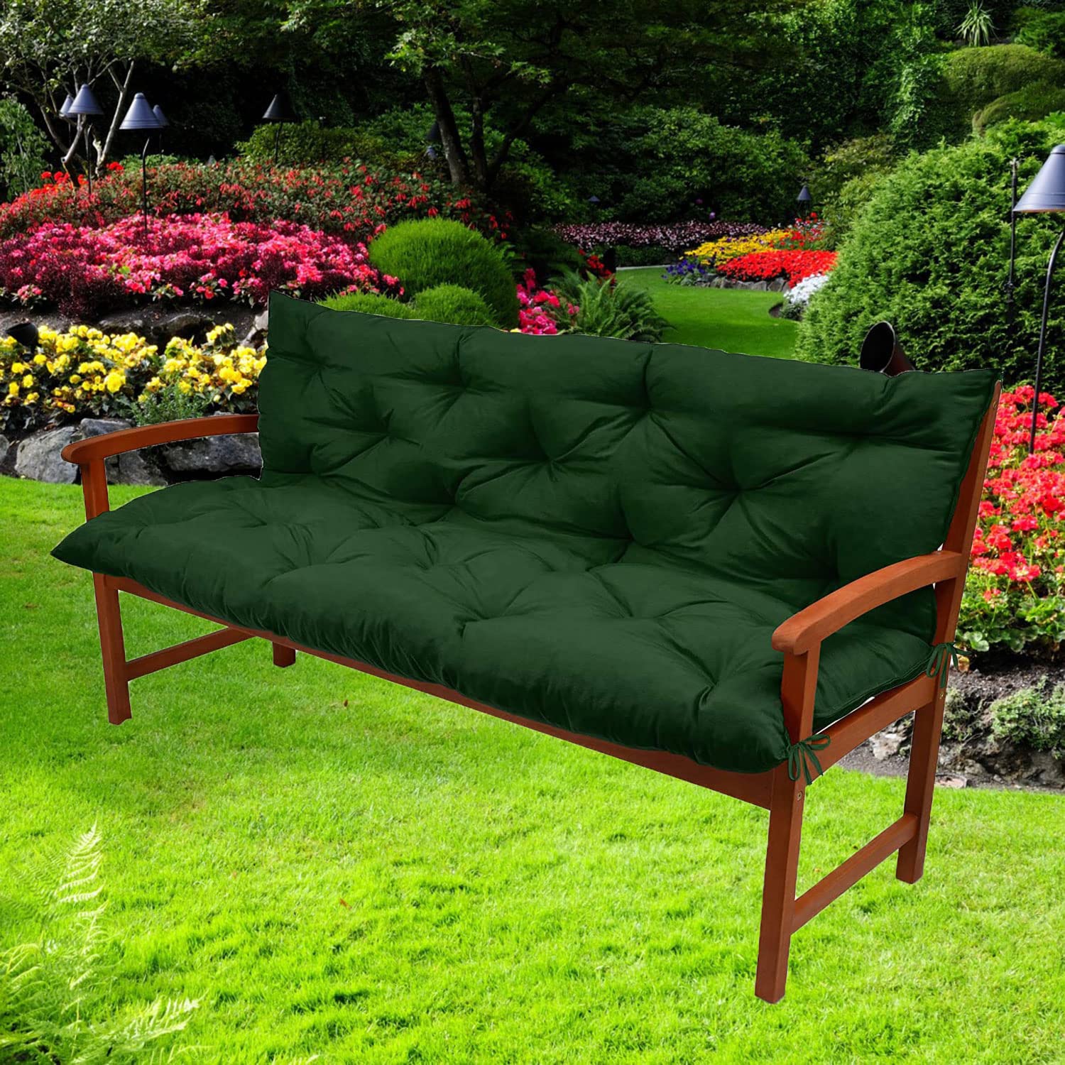 **Outdoor Bench Swing Cushion - 3-Seat Waterproof Garden Cushion with Backrest & Non-Slip Ties - Dark Green 40x59 Inch - Perfect for Porch, Patio & Backyard Relaxation**