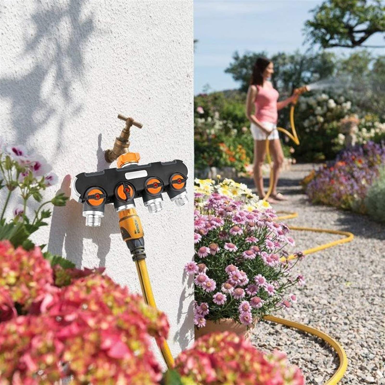 4 Way Brass Garden Hose Splitter - Heavy Duty Faucet Adapter with Rubber Grip for Drip Irrigation, Lawn Watering & Outdoor Use | Perfect for Gardens, Yards and Farm Irrigation Systems