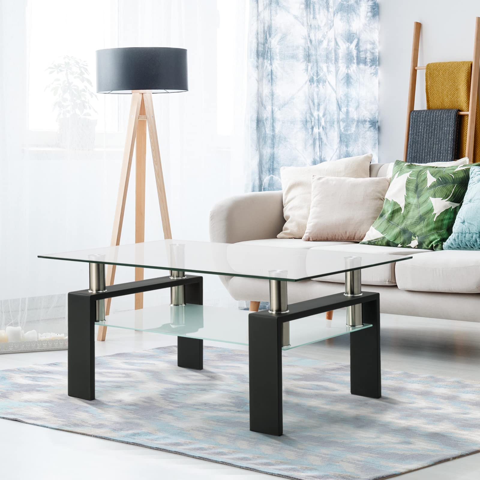 Modern Black Tempered Glass Coffee Table with Storage Shelf & Metal Frame - Stylish Living Room Side Table for Home Decor & Small Space Organization