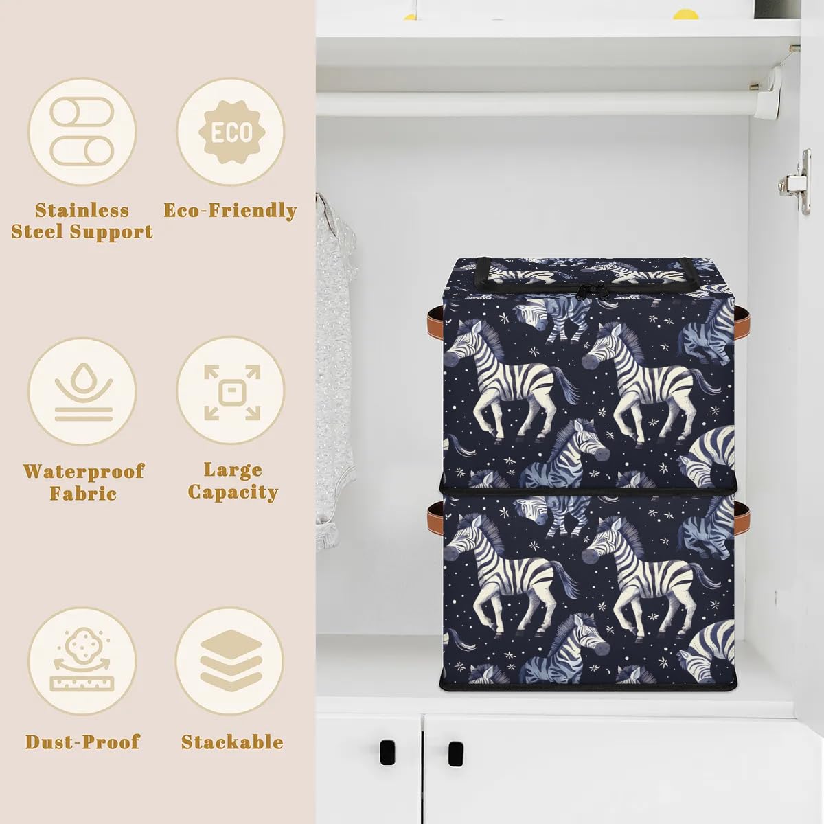 Black Zebra Print Storage Bins with Zipper Lid - 2 Pack Stackable Closet Organizer Baskets, Metal Frame Storage Cubes with PU Handles - Perfect for Clothes, Toys, and Home Organization