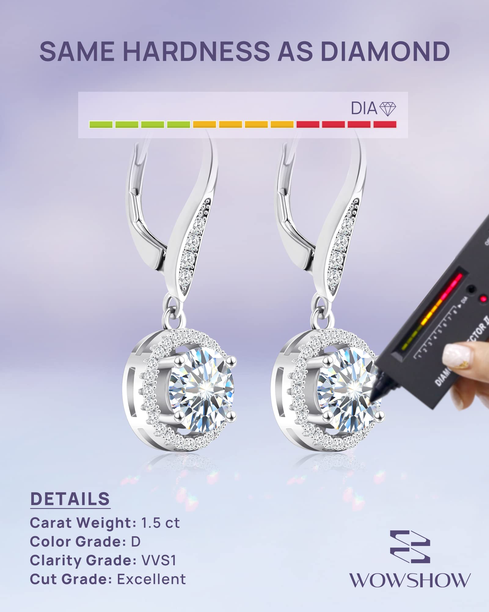 Wowshow 3ct & 4ct Moissanite Leverback Earrings for Women - 925 Sterling Silver Dangle Drop Earrings with Certificate | Perfect Birthday & Mother's Day Gifts | Elegant for Weddings, Parties & Special Occasions