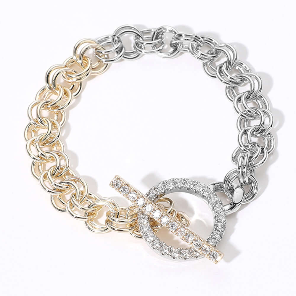 14K Gold Plated CZ Stone Two-Tone Toggle Bracelet for Women - Elegant Layered Jewelry for Parties, Date Night & Special Occasions