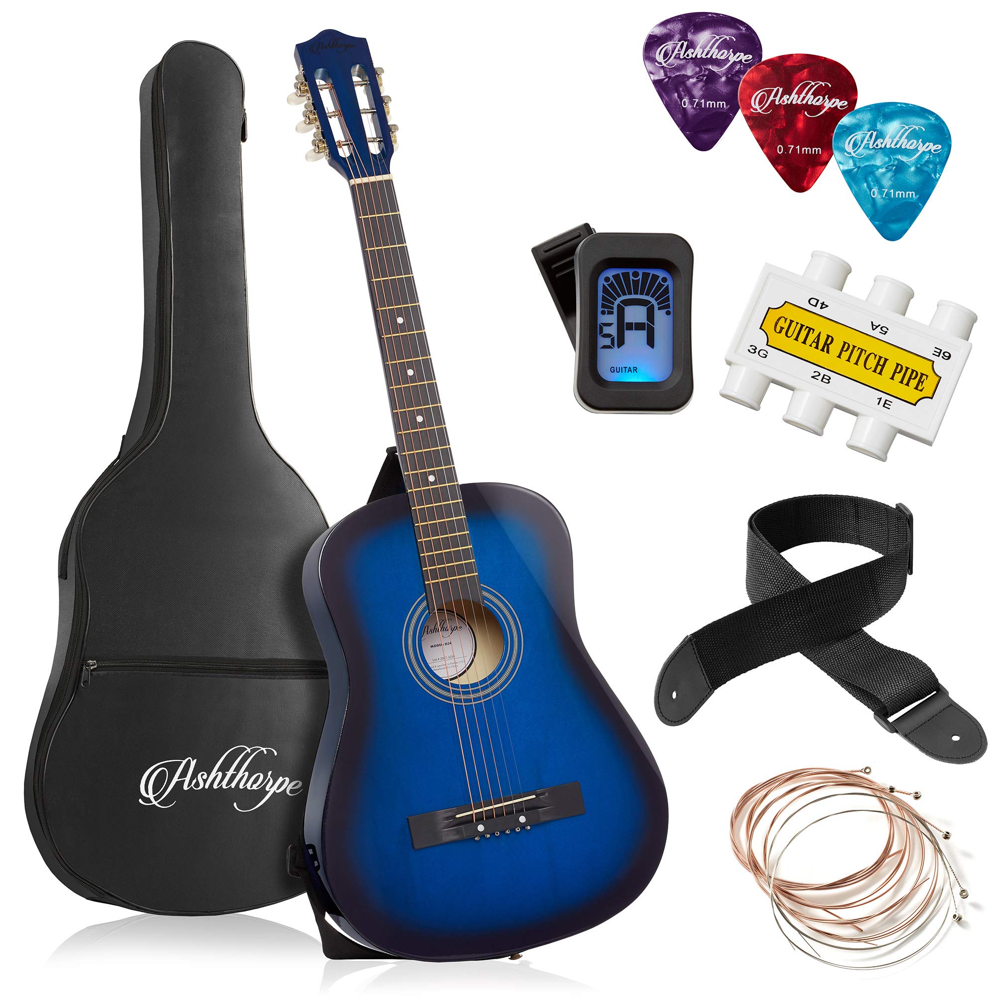 Ashthorpe 38-inch Beginner Acoustic Guitar Starter Kit (Blue) - Full Package with Gig Bag, Strings, Strap, Tuner, Picks & Accessories - Perfect for Kids, Teens & Adult Beginners Learning Guitar at Home, School or Camp