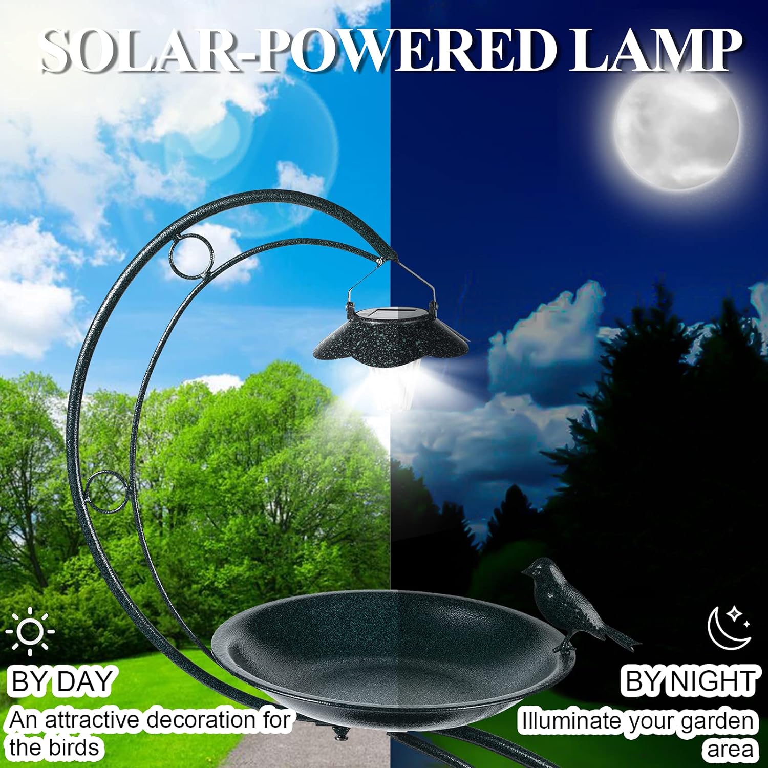 35.5 Inch Solar Powered Bird Bath with LED Lights & Planter - Metal Garden Lawn Decor for Outdoor Patio, Yard, and Backyard | SKU: S1259