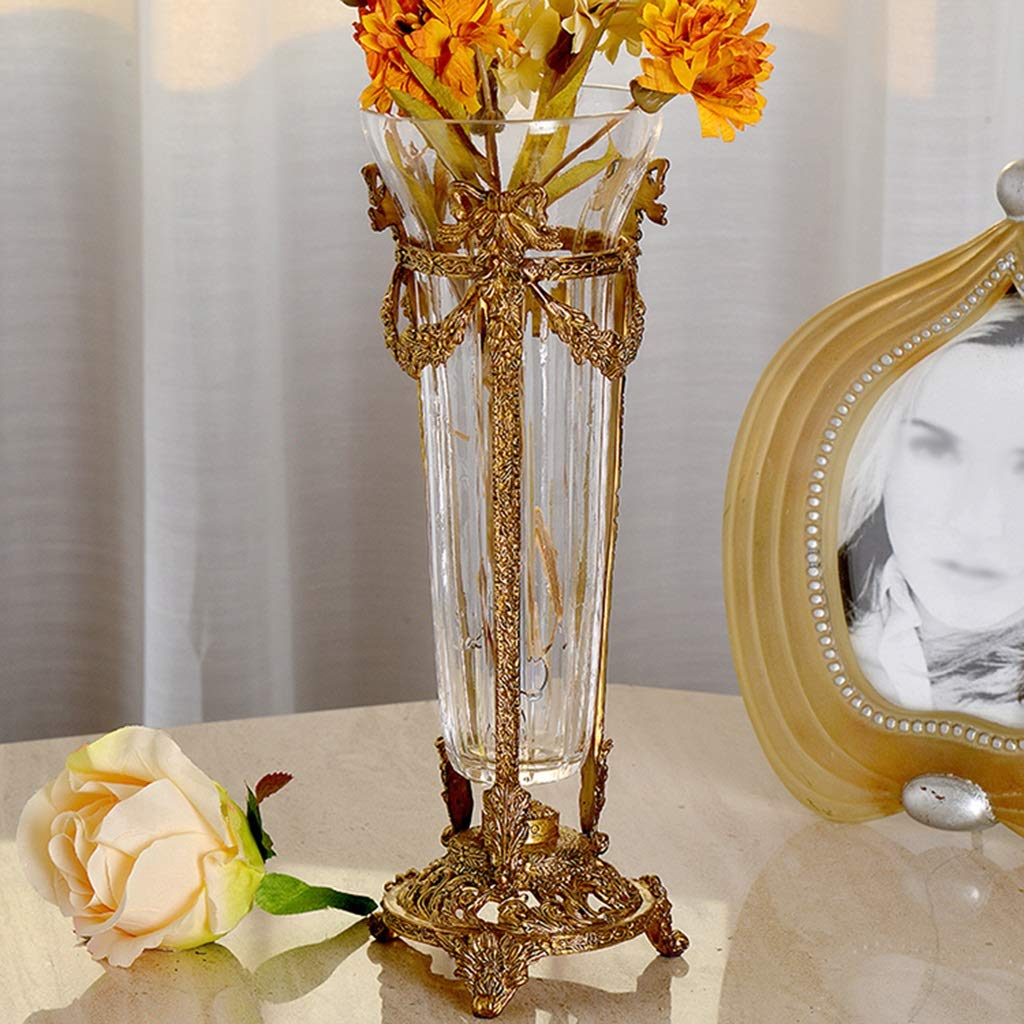 Luxury Crystal Glass Vase for Home & Office Decor - Handcrafted Carved Copper Base, Artificial Flower Arrangement Centerpiece - Clear 27x10cm - Perfect for Weddings, Living Room, Villa & Artwork Display