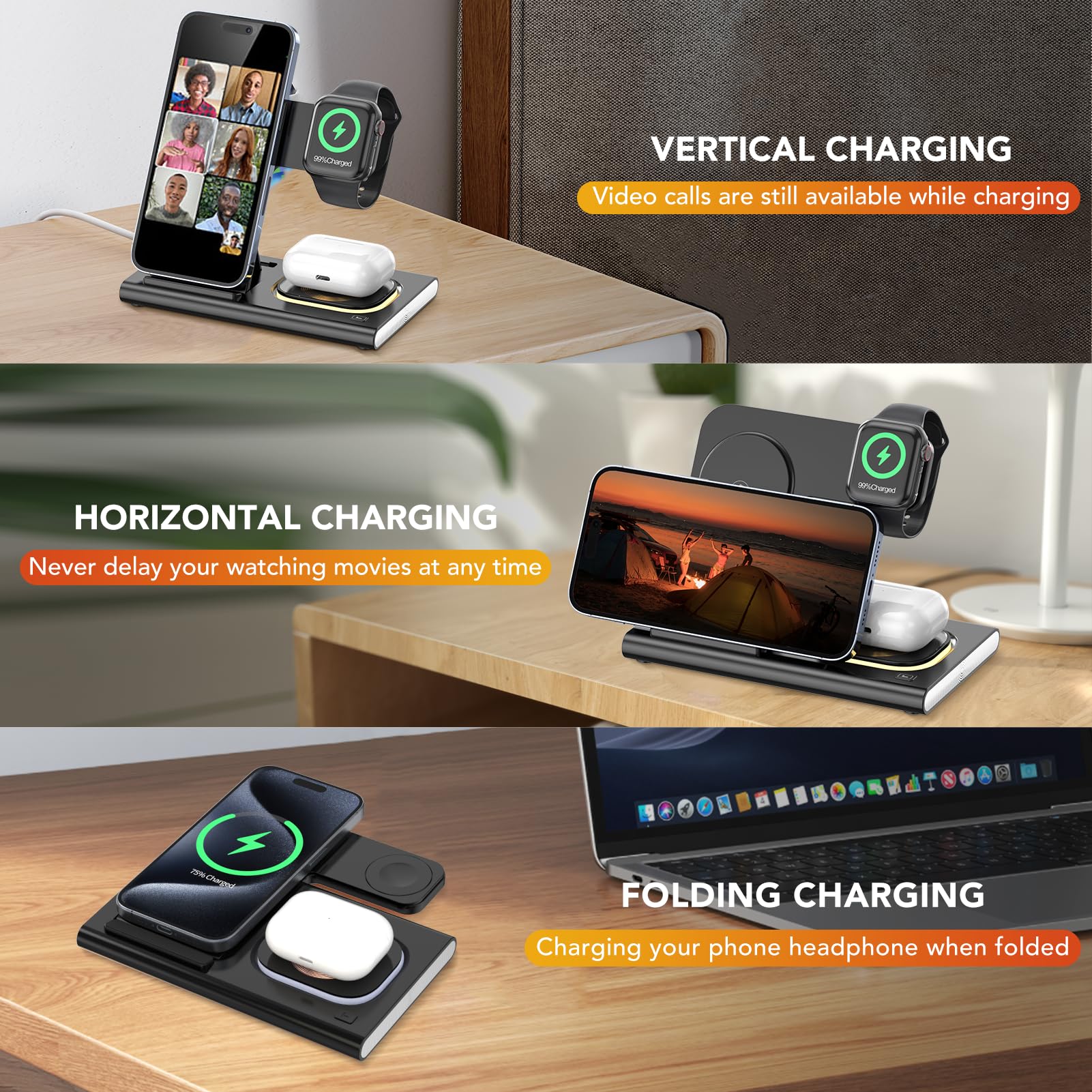 3-in-1 Foldable Wireless Charging Station for iPhone 16/15/14/13/12/11 Series, Apple Watch & AirPods 4/3/2/Pro/Pro 2 - Multi-Device Fast Charger with Night Light (Black) | Perfect for Bedside, Office & Travel Charging