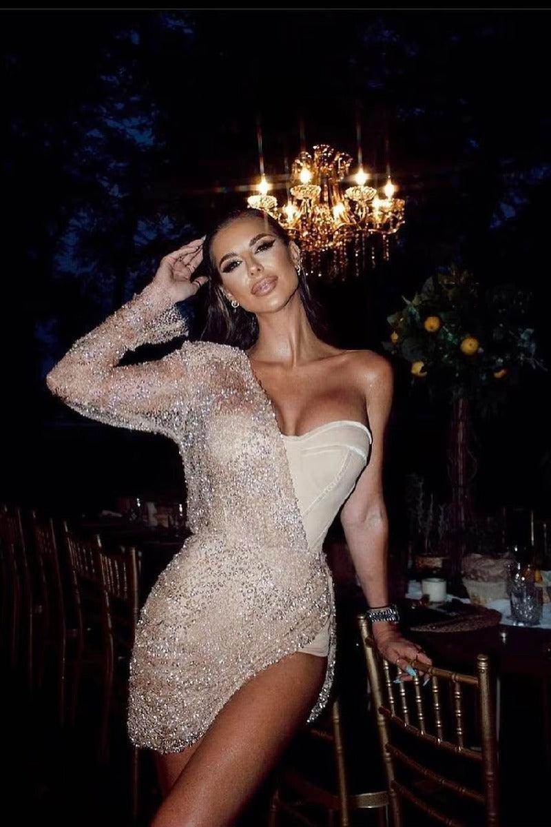 Elegant Mesh One Shoulder Long Sleeve Party Dress for Women - Sexy Evening Gown for Prom, Cocktail, Nightclub & Special Occasions