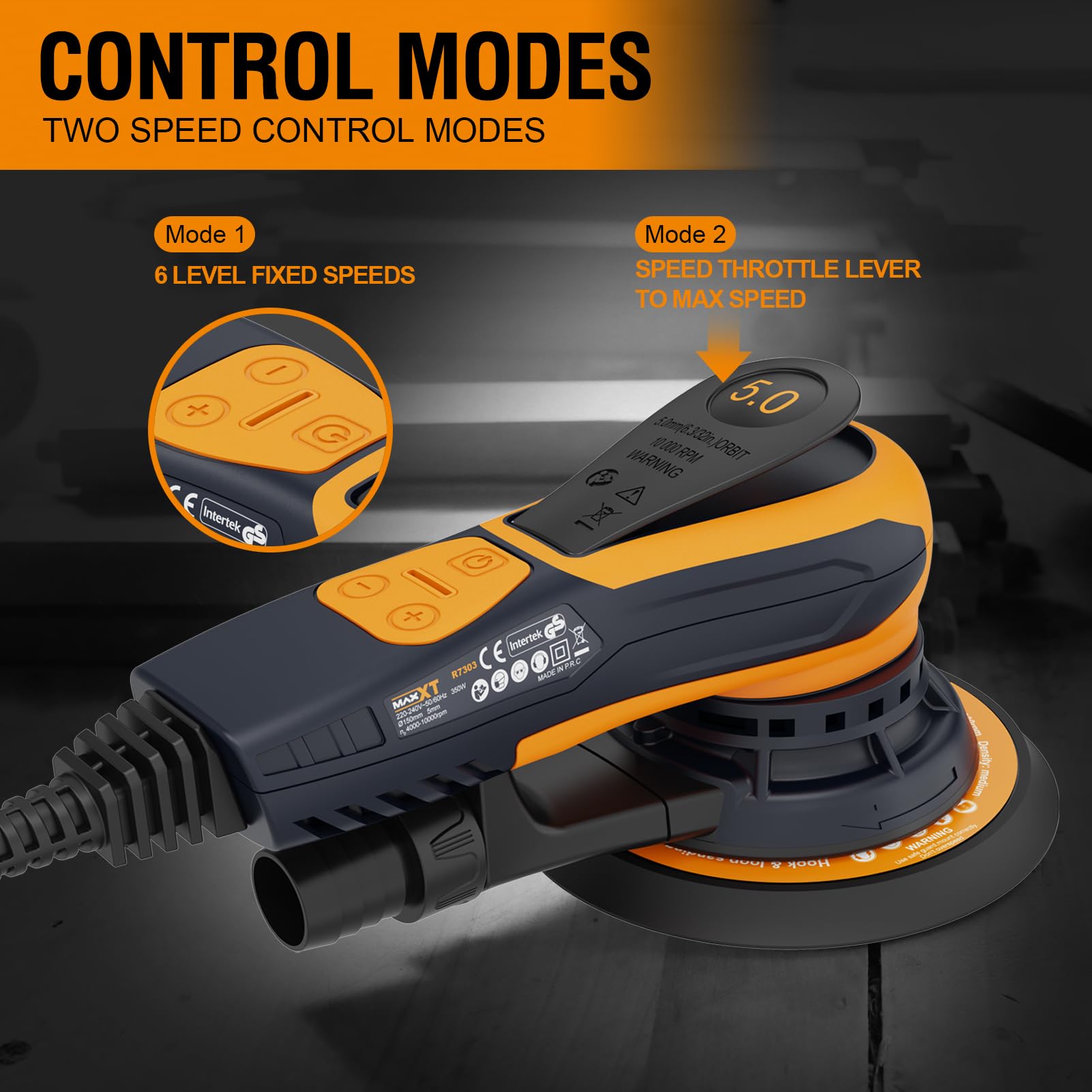 MAXXT Electric 5mm Random Orbital Sander with Brushless Motor - 5 & 6 Inch Sanding Pads, Central Vacuum System - Ideal for Woodworking, Primary Wood & Panel Processing (Orange) - Perfect for DIY Projects, Furniture Refinishing & Surface Preparation