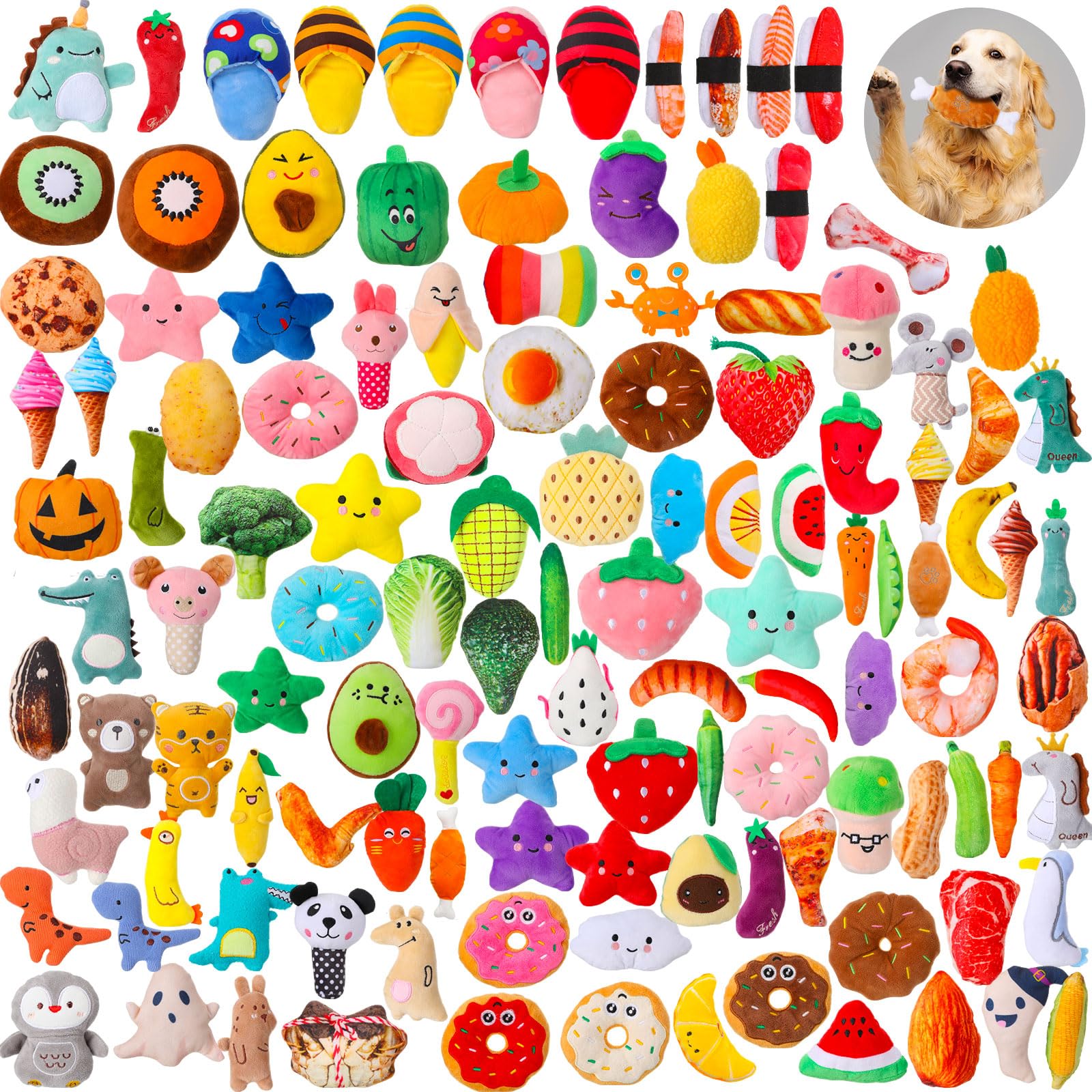 Libima 120 Pack Small Squeaky Dog Toys Bulk - Soft Plush Chew Toys for Puppies & Small Dogs - Teething Relief Pet Toys (120 Styles) - Perfect for Playtime, Training & Dental Care