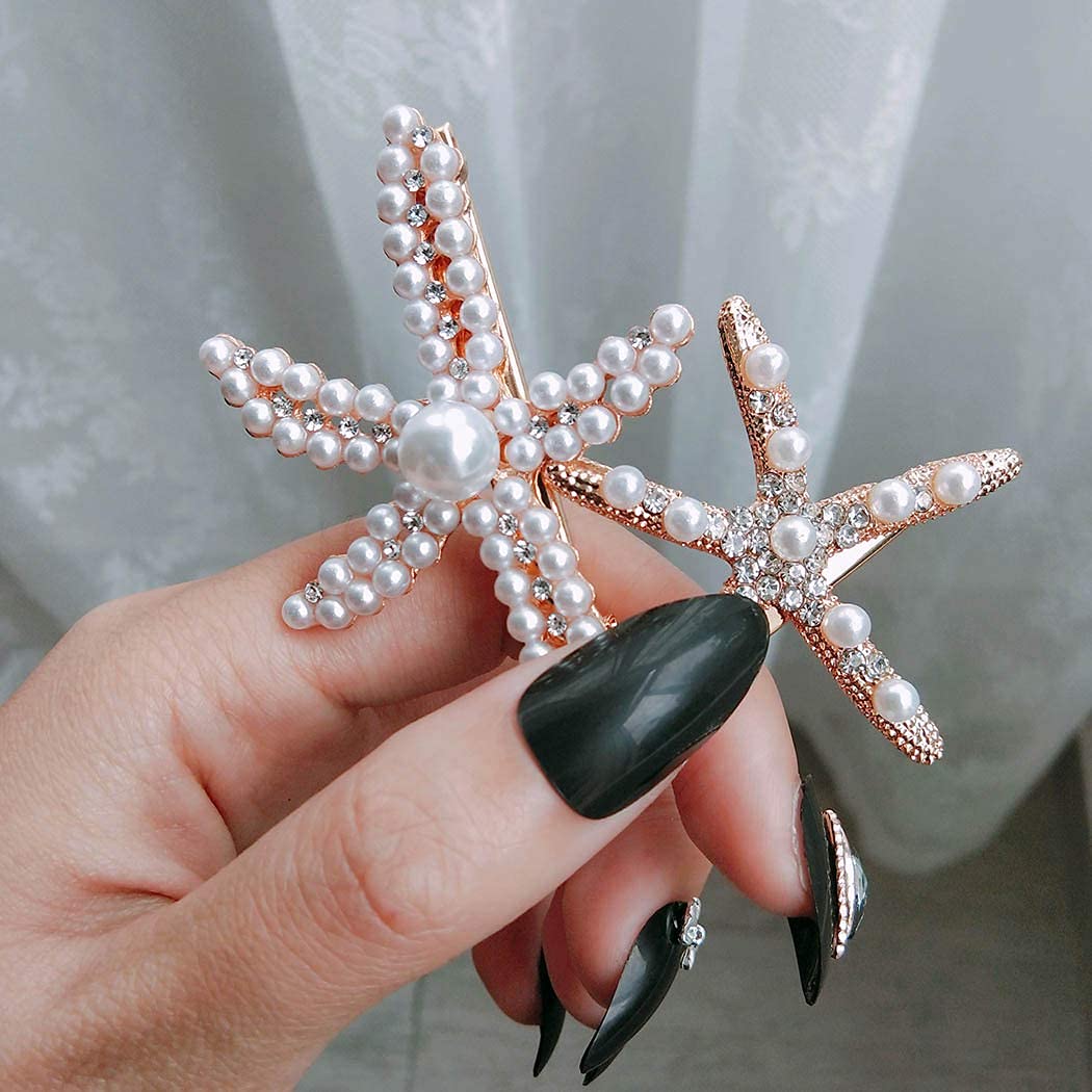 BARTOSI Gold Pearl Starfish Hair Clips - Elegant Mermaid Hair Barrettes for Women & Girls (Pack of 2) | Perfect for Beach Weddings, Summer Parties & Boho Fashion Accessories