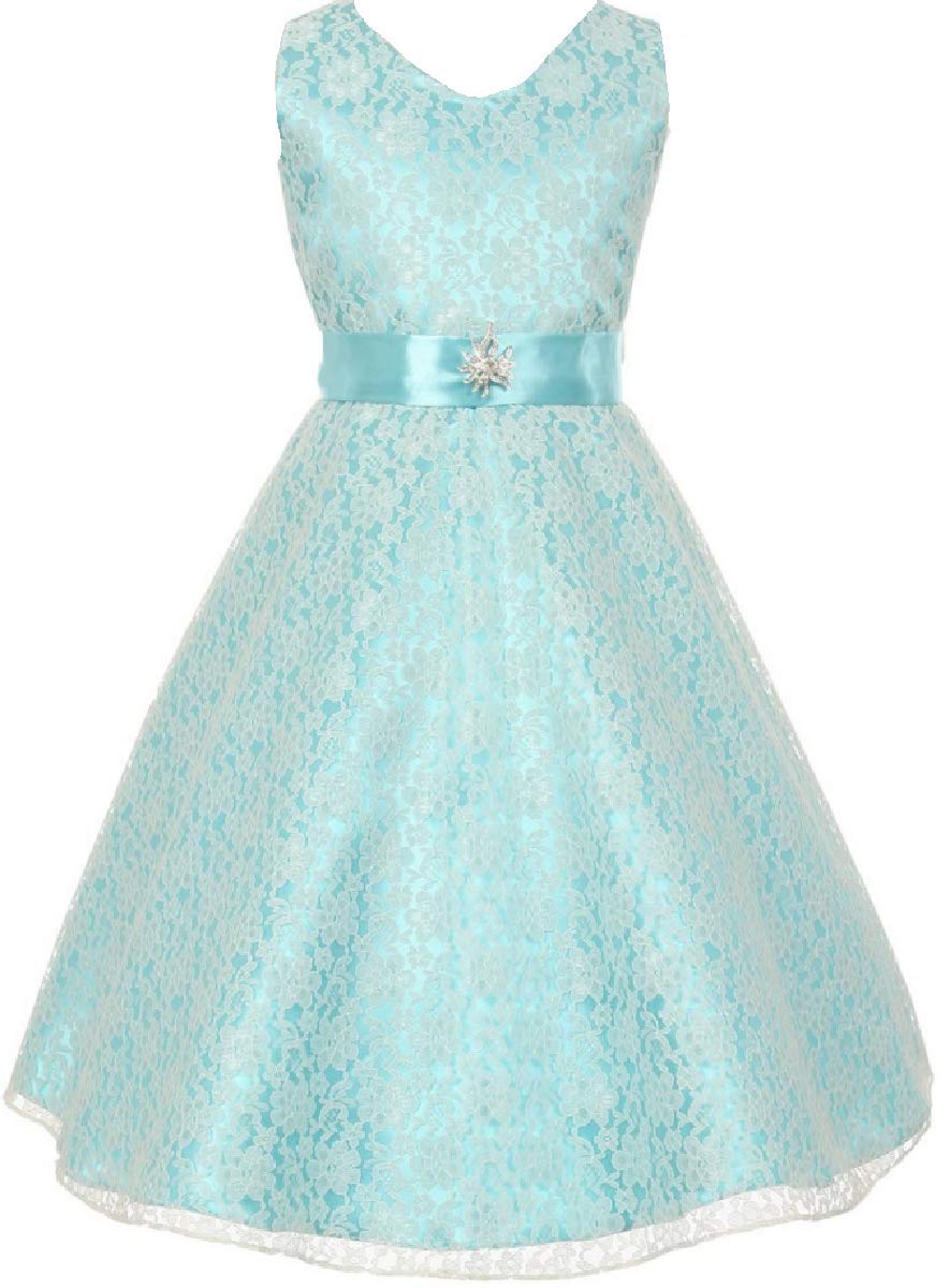 Little Girls Lace Overlay Satin Brooch Flower Dresses for Birthday Party, Easter, Flower Girl & Special Occasions | Elegant Formal Gowns for Toddlers & Kids