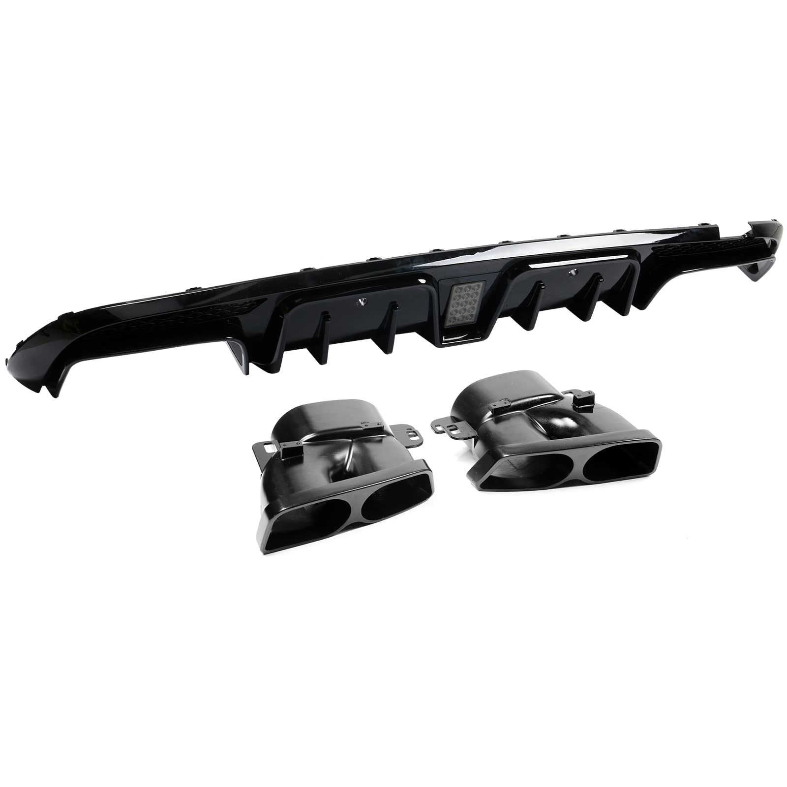 IKON MOTORSPORTS Rear Diffuser with Exhaust Tips for 2015-2021 Mercedes-Benz W205 C-Class C63 & C63S AMG | Gloss Black B-Style Rear Bumper Valance with LED Light | Perfect for Car Enthusiasts & Performance Upgrades