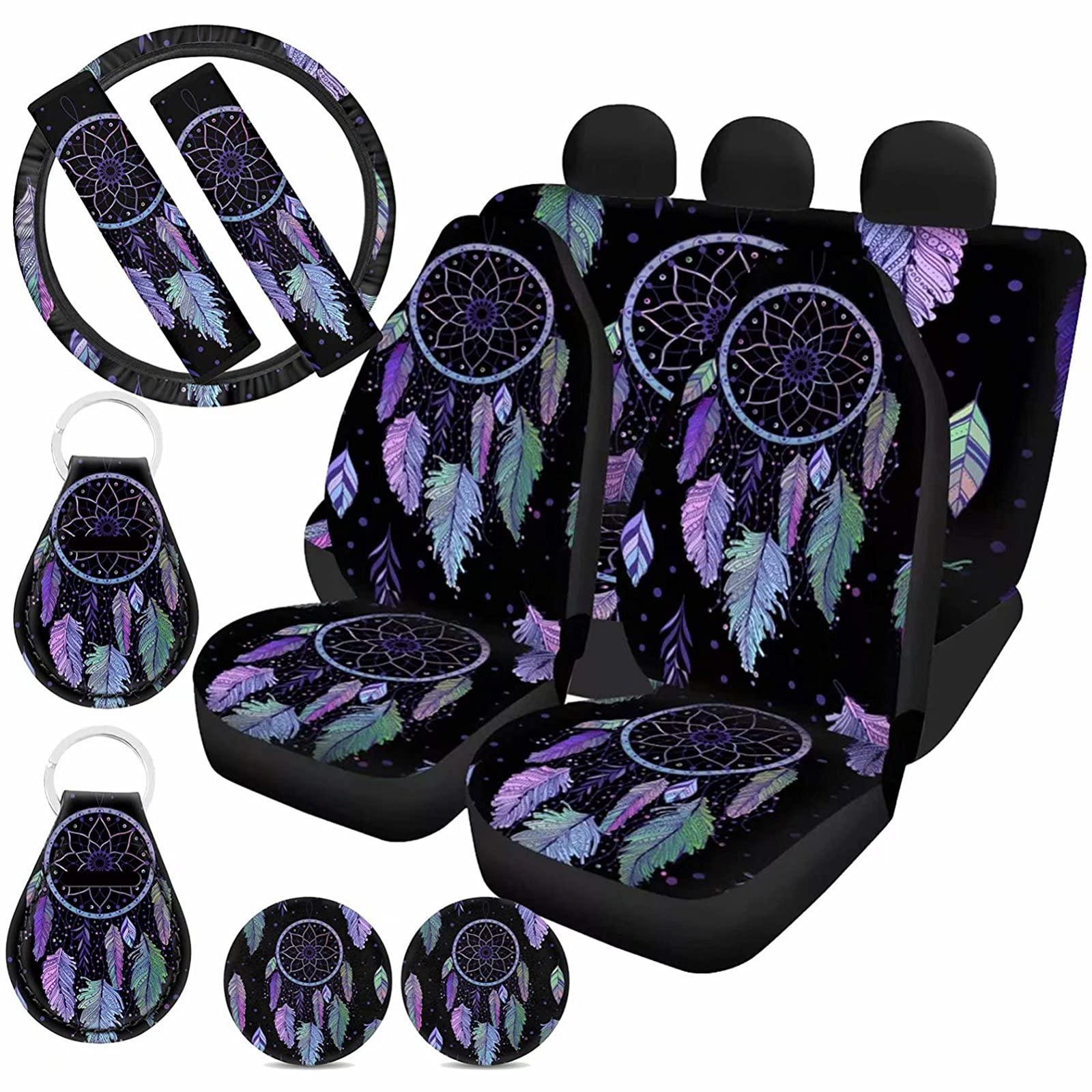 Dolyues Purple Feather Car Seat Covers Protector - 11 Piece Full Set with Steering Wheel Cover, Seat Belt Pads, Keychain & Cup Holder Coasters - Luxury Dreamcatcher Design for Cars, SUVs & Trucks - Perfect for Road Trips, Daily Commute & Interior Decoration