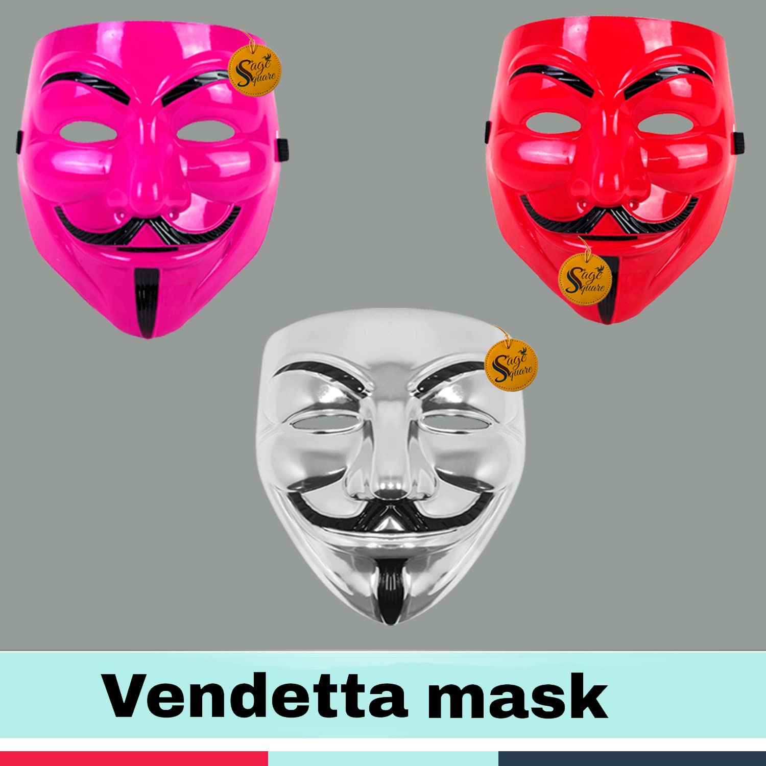 V for Vendetta Anonymous VIP Edition Face Mask - Sage Square Pink, Red & Silver Fawkes Mask Set of 3 | Perfect Fit Cosplay & Halloween Costume Accessory | Protest, Themed Parties & Movie Events