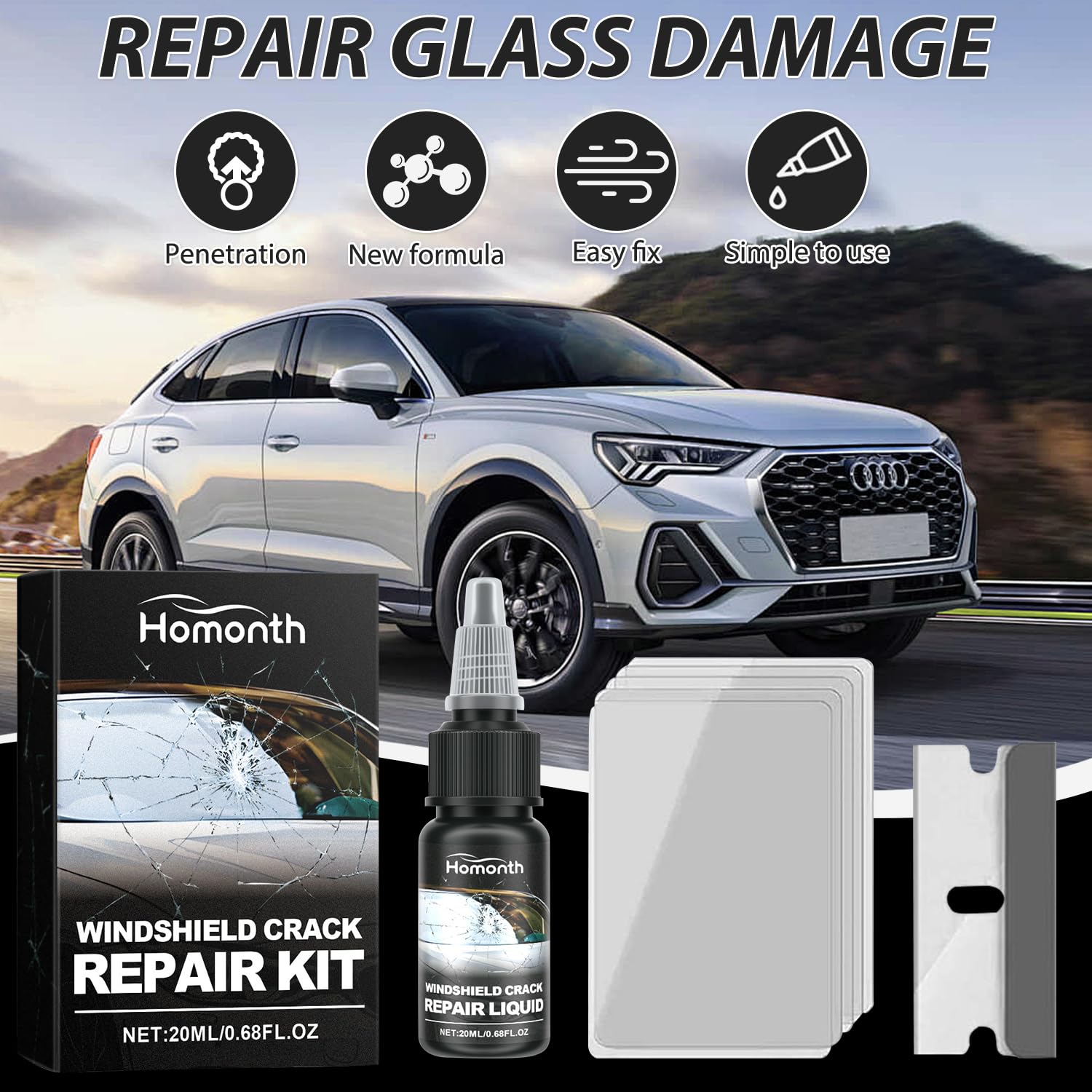 2PCS Premium Windshield Crack Repair Kit – 2024 Upgraded Automotive Glass Repair Fluid for Chips & Scratches | Fast & Easy DIY Car Windscreen Fix | Ideal for Road Trips & Daily Commutes