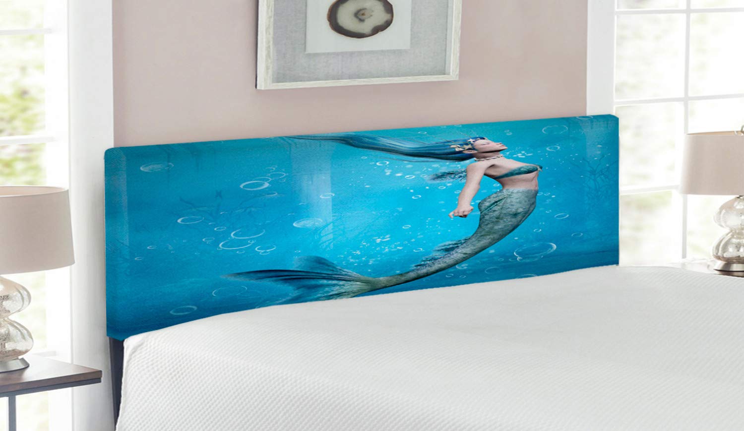 Ambesonne Queen Size Blue Underwater Mermaid Fishtail Headboard - Ocean Life Art Print Upholstered Metal Bed Frame with Memory Foam - Mythical Creature & Floating Bubbles Design for Coastal, Nautical or Kids' Bedroom Decor