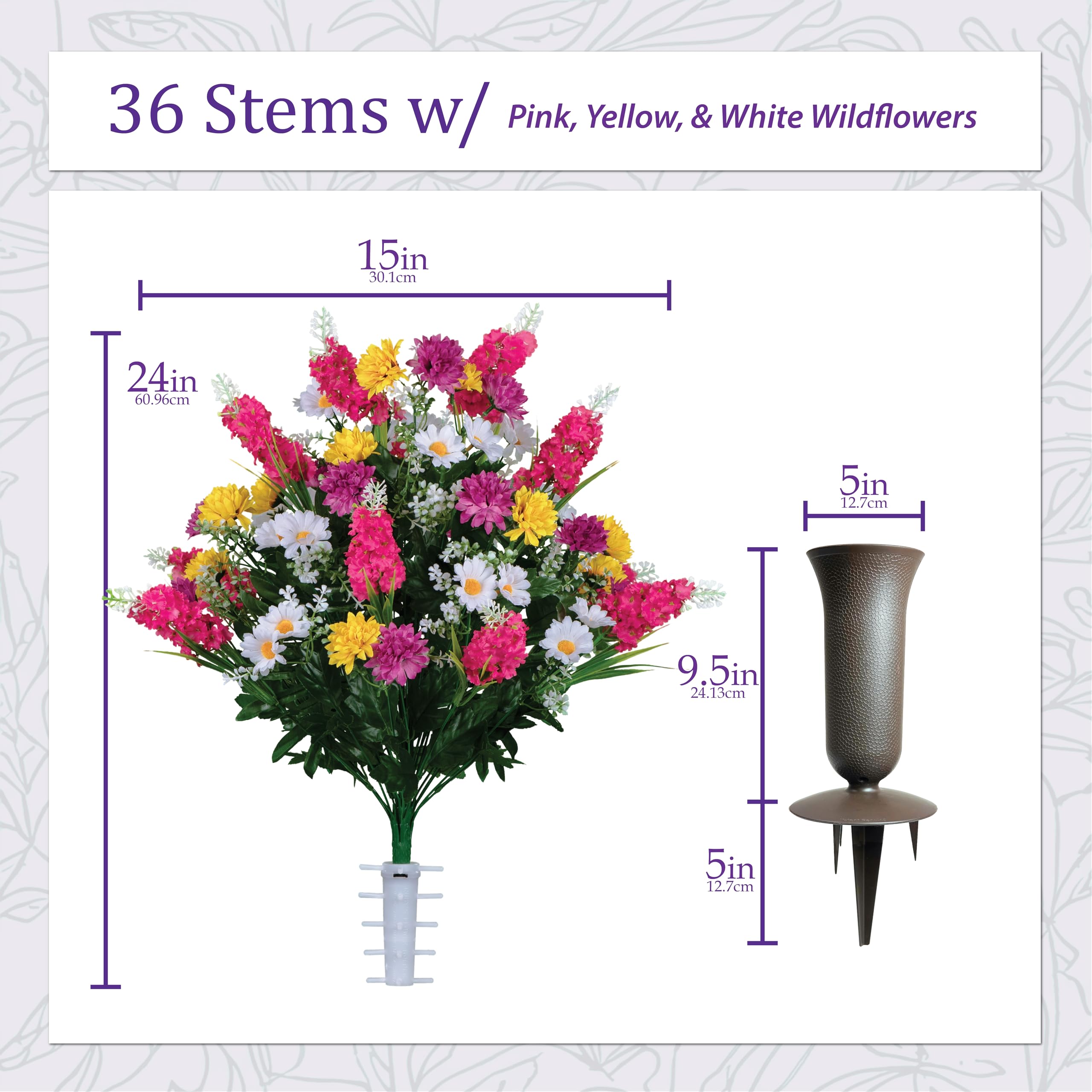 Sympathy Silks Artificial Cemetery Grave Decorations - 2 Pink Yellow Wildflower Bouquets, 1 Matching Saddle, and 2 Vases Included | Memorial Flowers for Graveside, Headstone Decor, Funeral Arrangements & Cemetery Visits