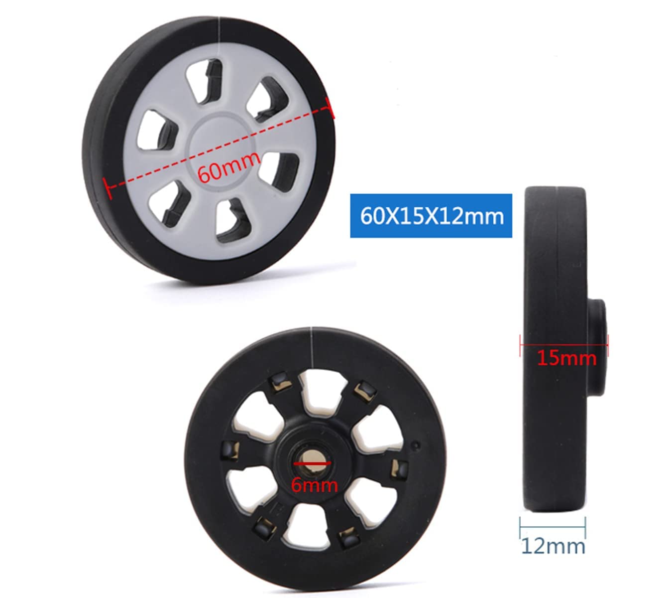Replacement Luggage Wheels 60x15mm - 2PCS Silent Swivel Caster Wheels with Bearings for Suitcase Repair (Black) - Perfect for Travel Luggage, Carry-On Bags & Rolling Cases