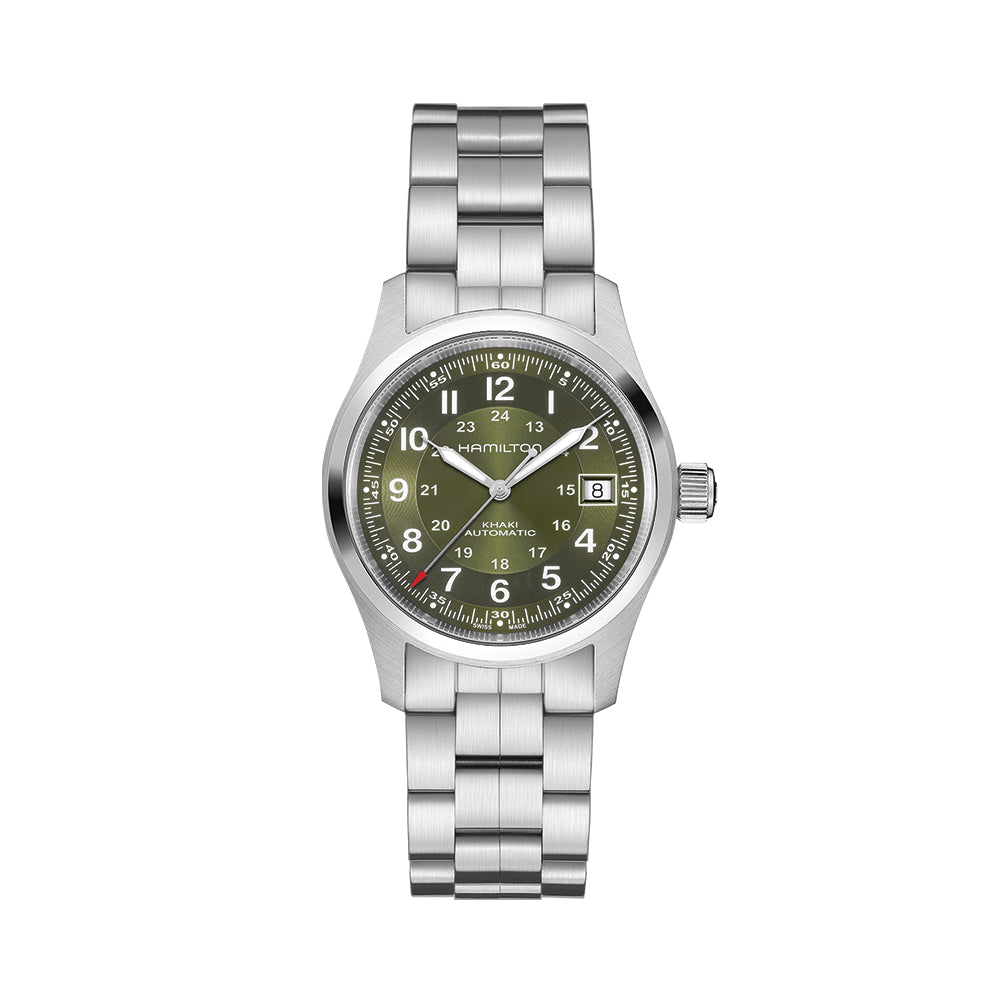 Khaki Field Auto Date 38mm Green Dial Stainless Steel Bracelet Watch for Men - Perfect for Outdoor Adventures & Casual Wear