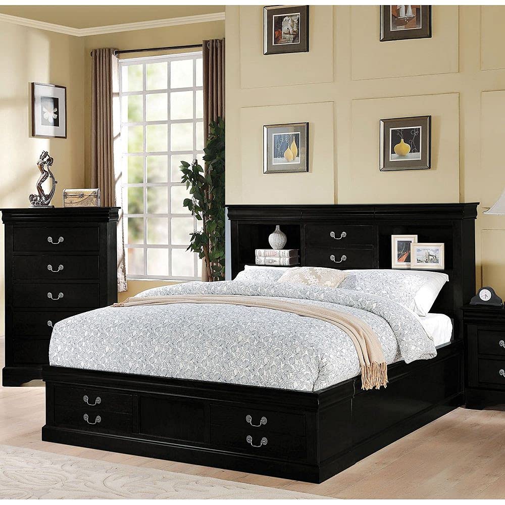 Louis Philippe III Queen Size Bed Frame with Storage - Wooden Queen Bed with Bookcase Headboard & 2-Drawer Footboard | Large Storage Bed for Master Bedroom & Guest Room (Black) | Perfect for Small Spaces & Modern Home Decor